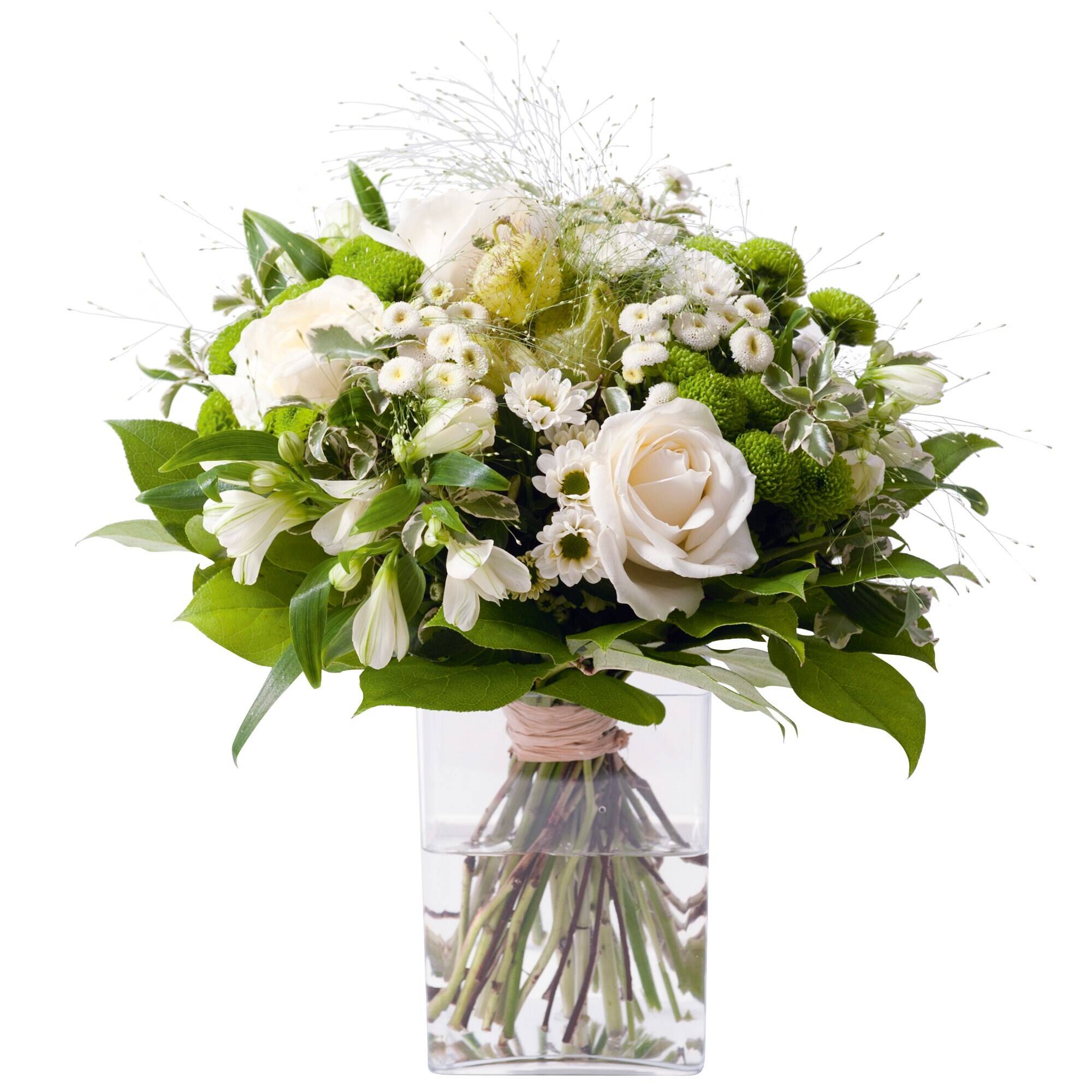 blumen, blumenstrauß, weiße rosen, grüne akzente, glasvase, Blumenstrauß, Florale Anordnung, weiße Blumen, grüne Akzente, Glasvase