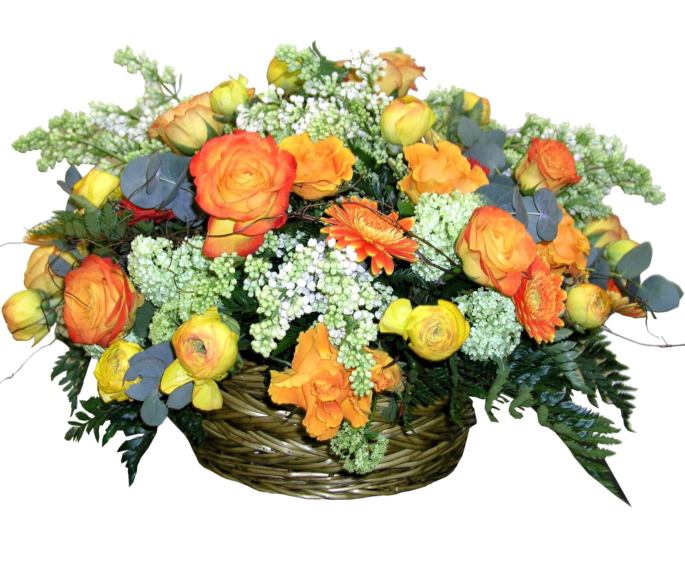Blume, Blumen-Arrangement, Blumenstrauß, Rose, Florales Design, Blume, Blumen-Arrangement, Blumenstrauß, Rose, Florales Design, Blume, Blumen-Arrangement, Blumenstrauß, Rose, Florales Design, Blumenkorb, orange Rosen, Pfirsichrosen, Gerbera, Grünzeug