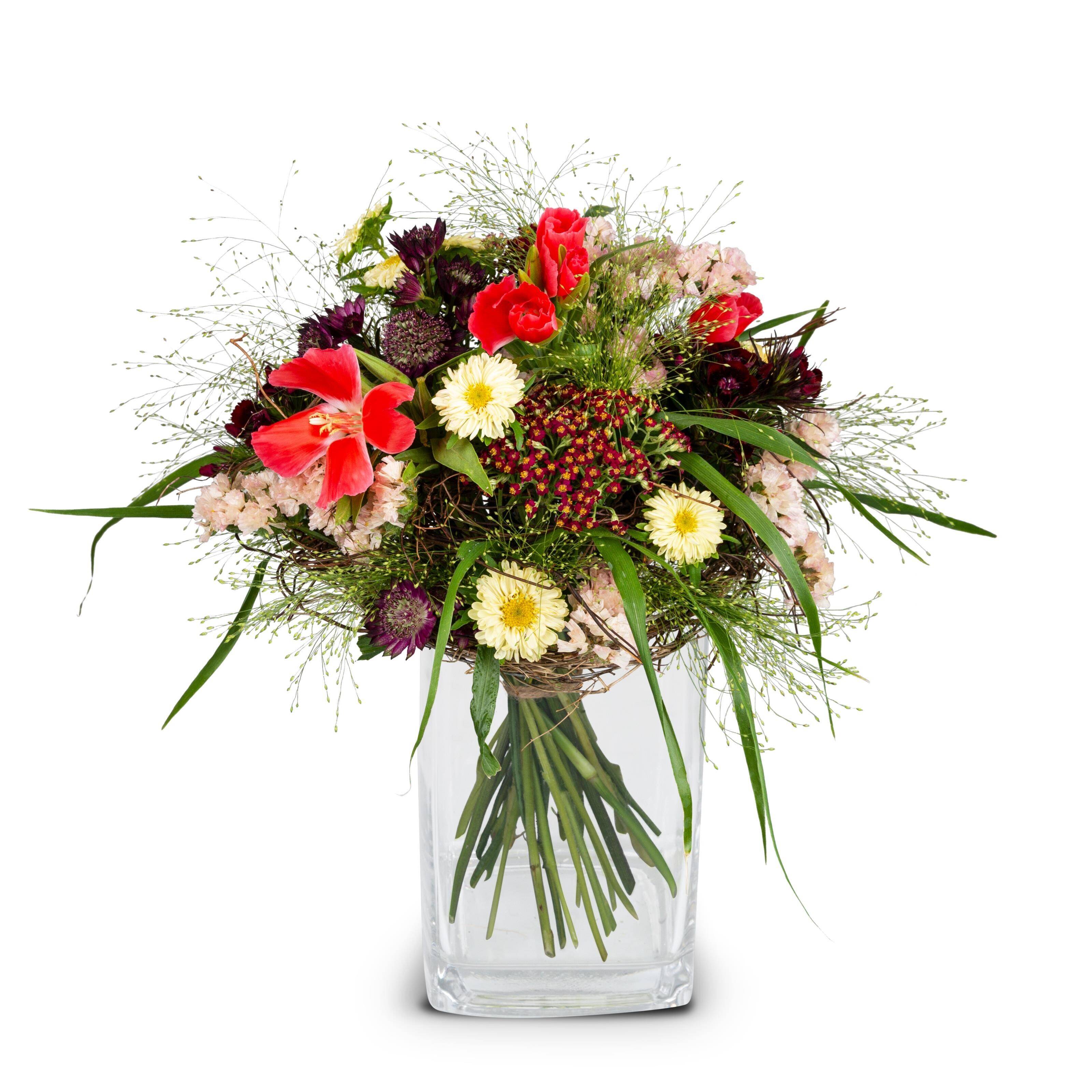 Blumenstrauß, Gladiolen, Gänseblümchen, Rosen, Glasvase, Blumenstrauß, Blumen, Glasvase, gemischte Blumen, rot gelb weiß