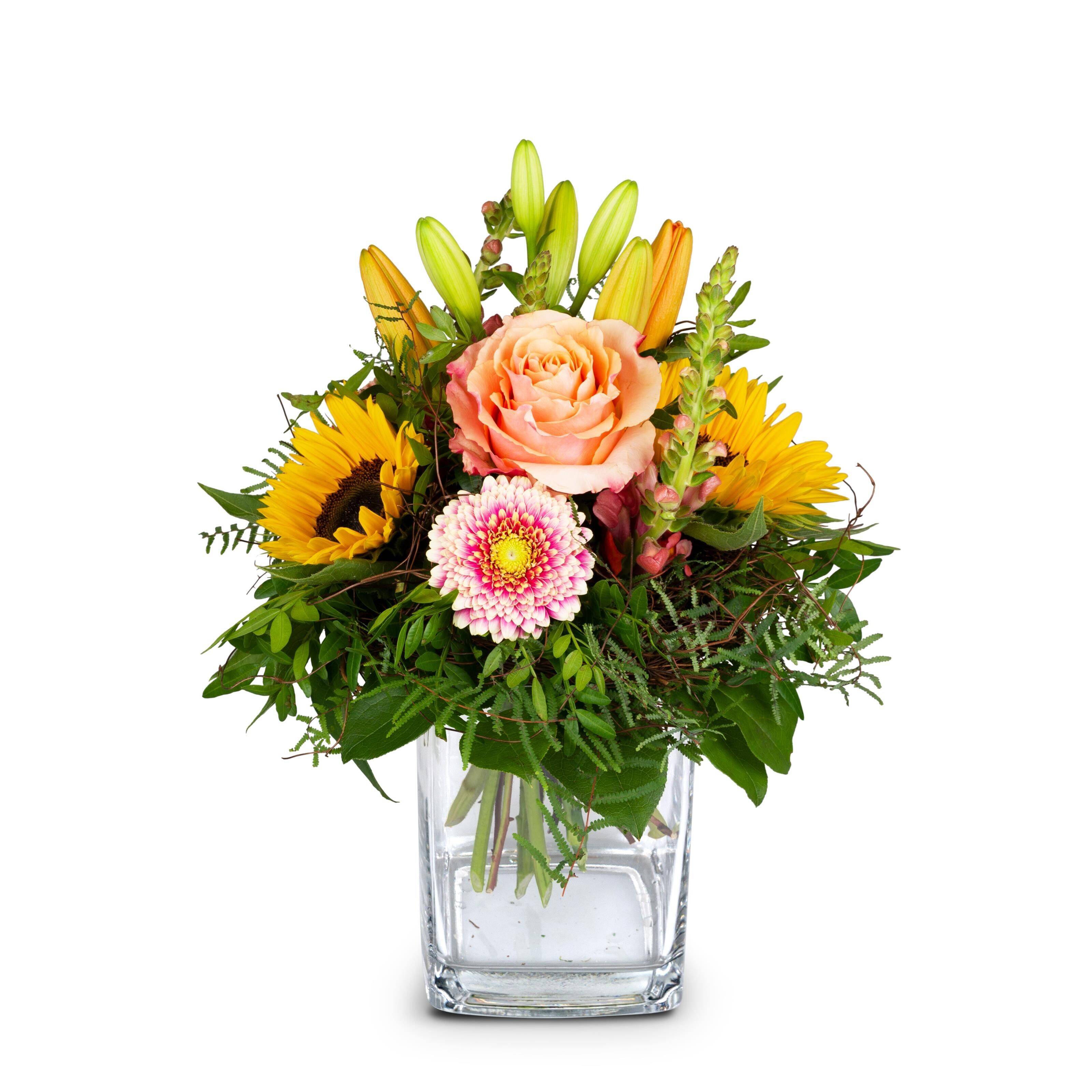 Blumenstrauß, Sonnenblume, Rose, Pink-Chrysantheme, Glassvase, Blumenstrauß, Sonnenblume, Pfirsichfarbene Rose, Pinkfarbige Chrysantheme, Glasvase, Blumenarrangement, Blumenstrauß, Sonnenblume, Rose, Gladiole
