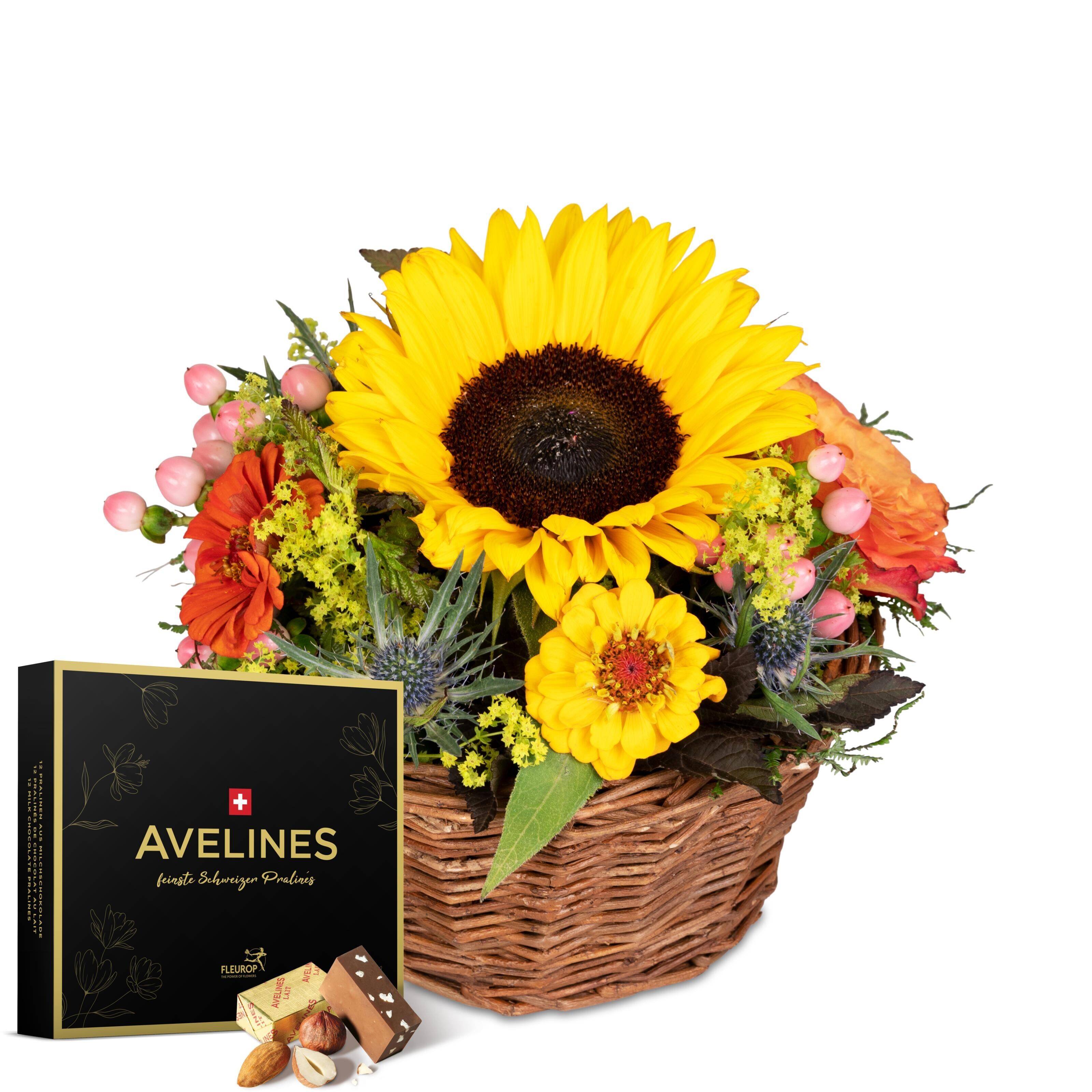 Blumenstrauß, Sonnenblume, Korb, Schokoladenbox, bunte Blumen, blumen, sonnenblume, korb, blumenstrauß, schokolade box