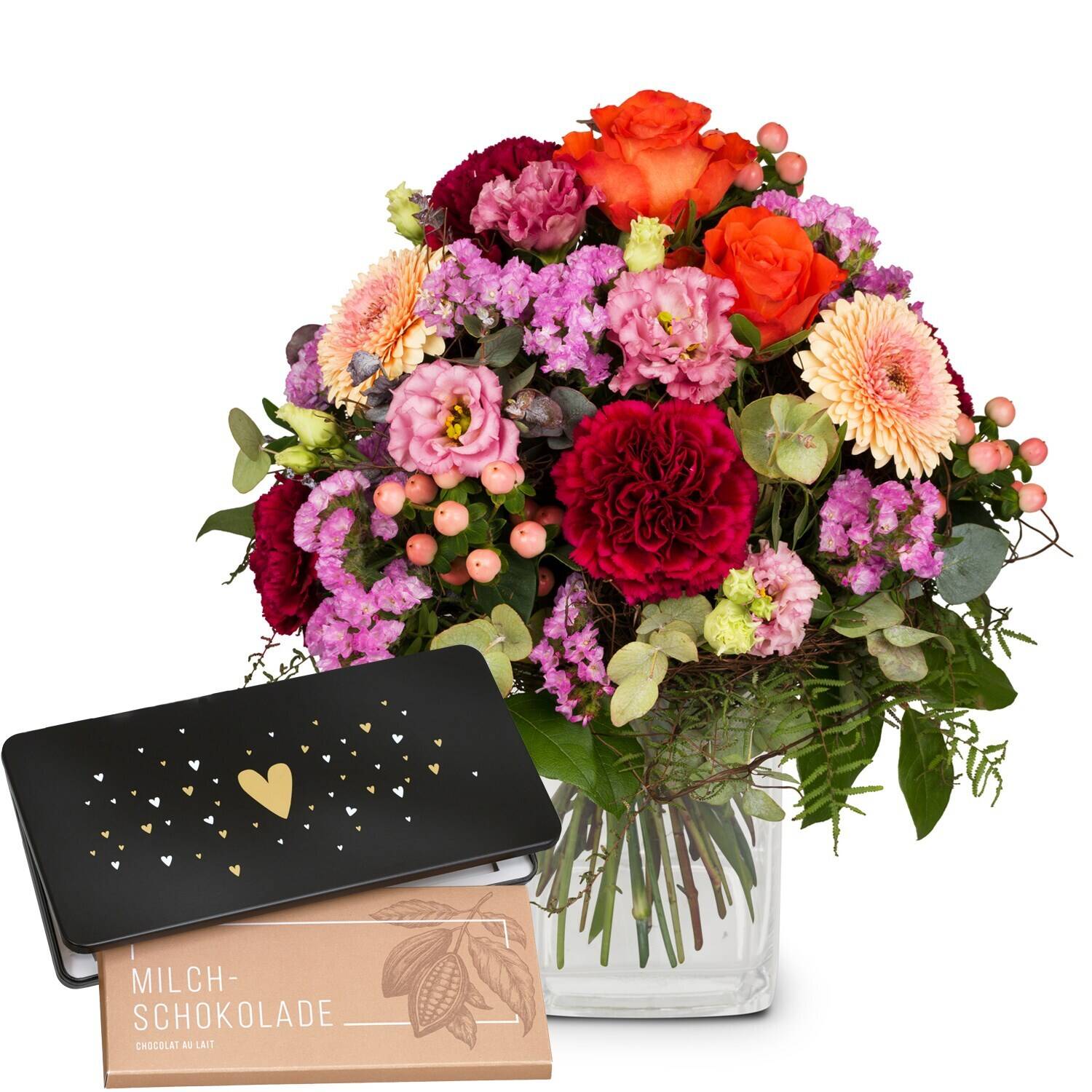 Flower bouquet 'Birthday' with Munz bar of chocolate 'Heart'