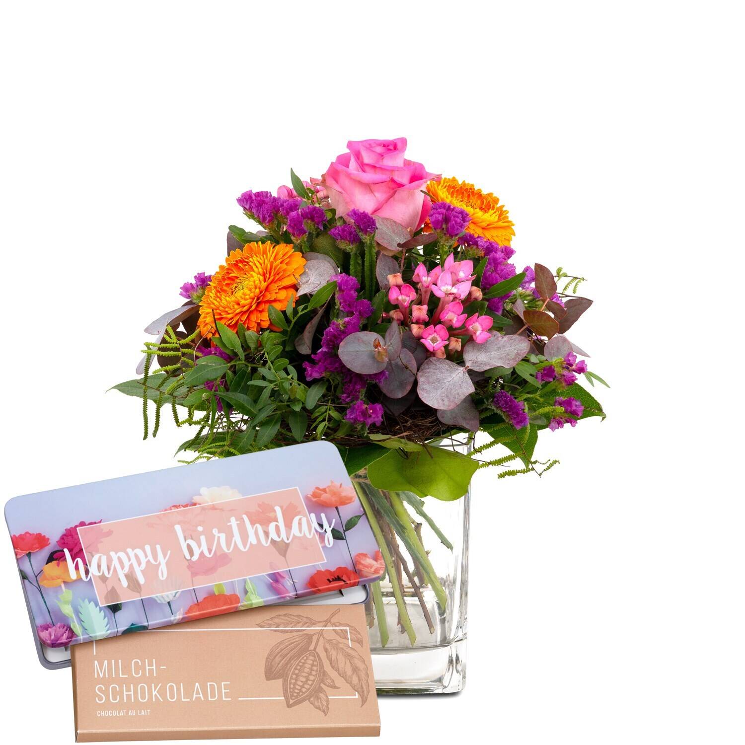Blumenarrangement, Blumenstrauß, rosa Rose, orange-Chrysantheme, Grünblätter, blumenstrauß, rosa rose, orange blüten, lila blumen, grünzeug, Blumenstrauß, rosa Rose, orange-Chrysanten, lila Statice, grünes Laub