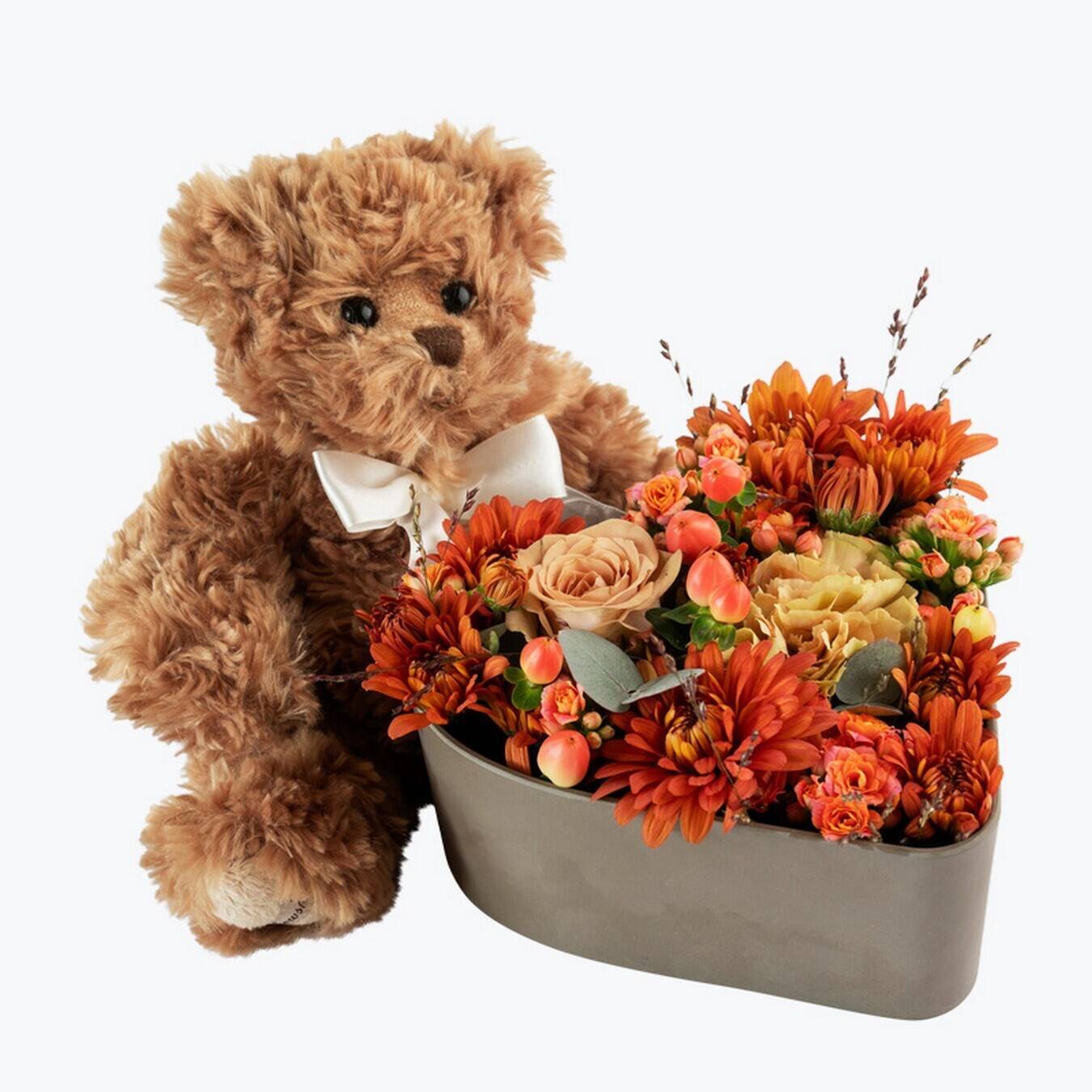 Blume, Blumen-Arrangement, Blumenstrauß, Teddybär, Spielzeug, Blume, Blumen-Arrangement, Blumenstrauß, Teddybär, Spielzeug, Teddybär, Blumenarrangement, orangeblumen, Blumenstrauß, Behälter, Teddy-Bär, Plüsch, braun, Blumenstrauß, Blumen