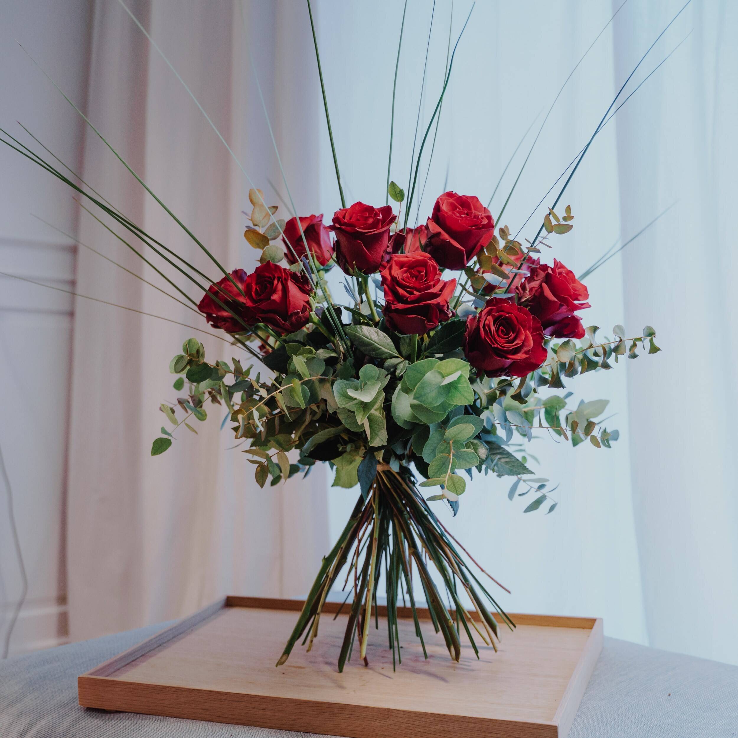 12 Red Roses with greenery