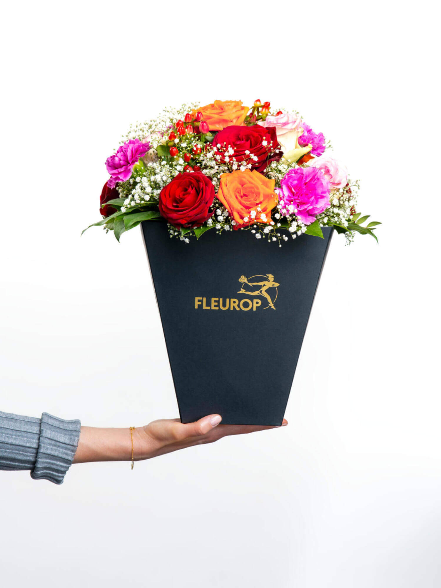 Blumenstrauß, Rosen, bunte Blumen, Geschenkschachtel, Floristenbehälter