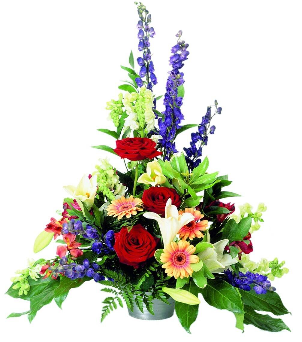 blumen, Blumenarrangement, Strauß, rote Rosen, gemischte Blüten
