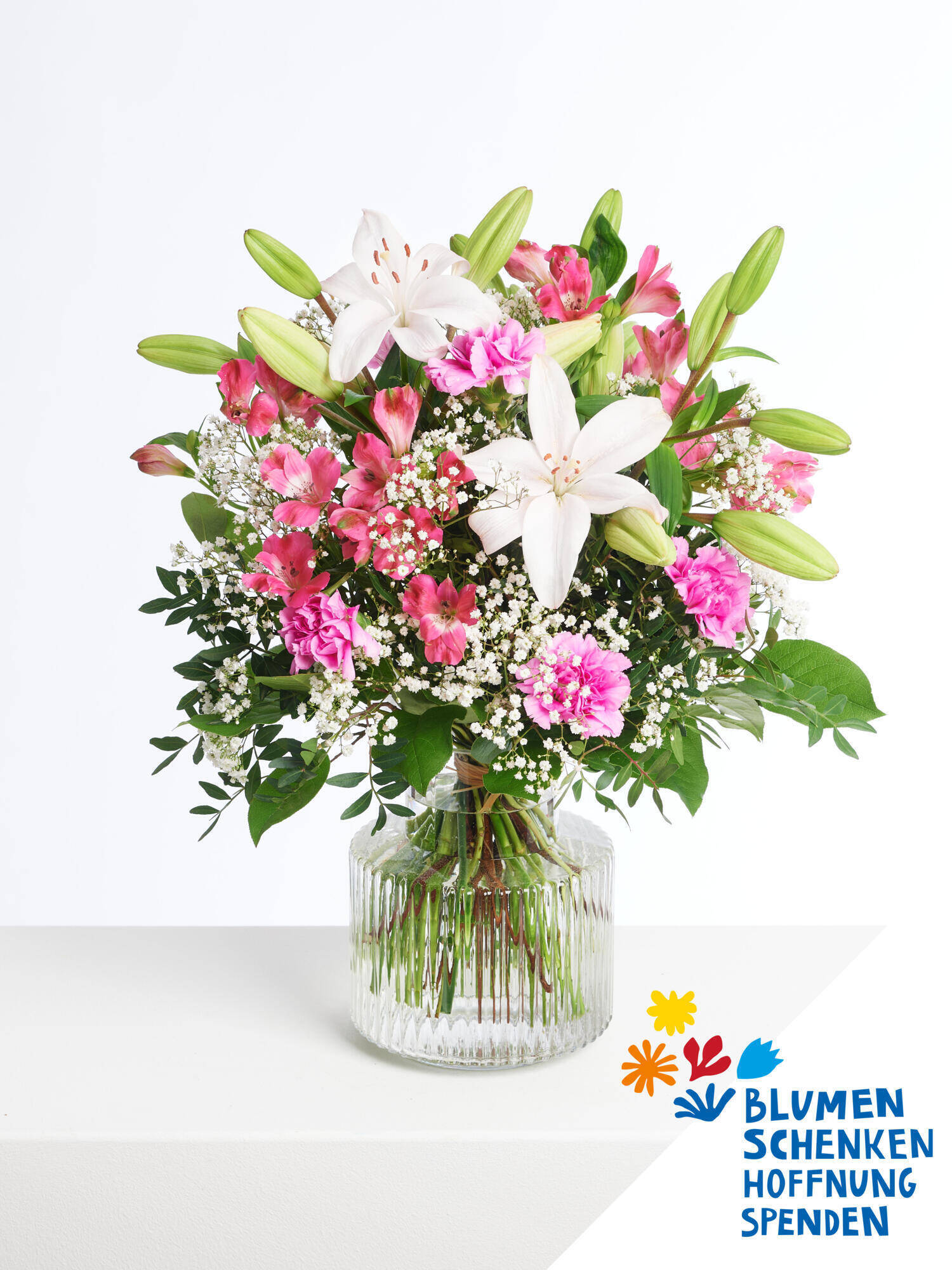 Charity Strauß - Hauptblüte: Alstromerien, Lilien, Nelken - Hauptfarbe: Pink, Rosa, Weiß
