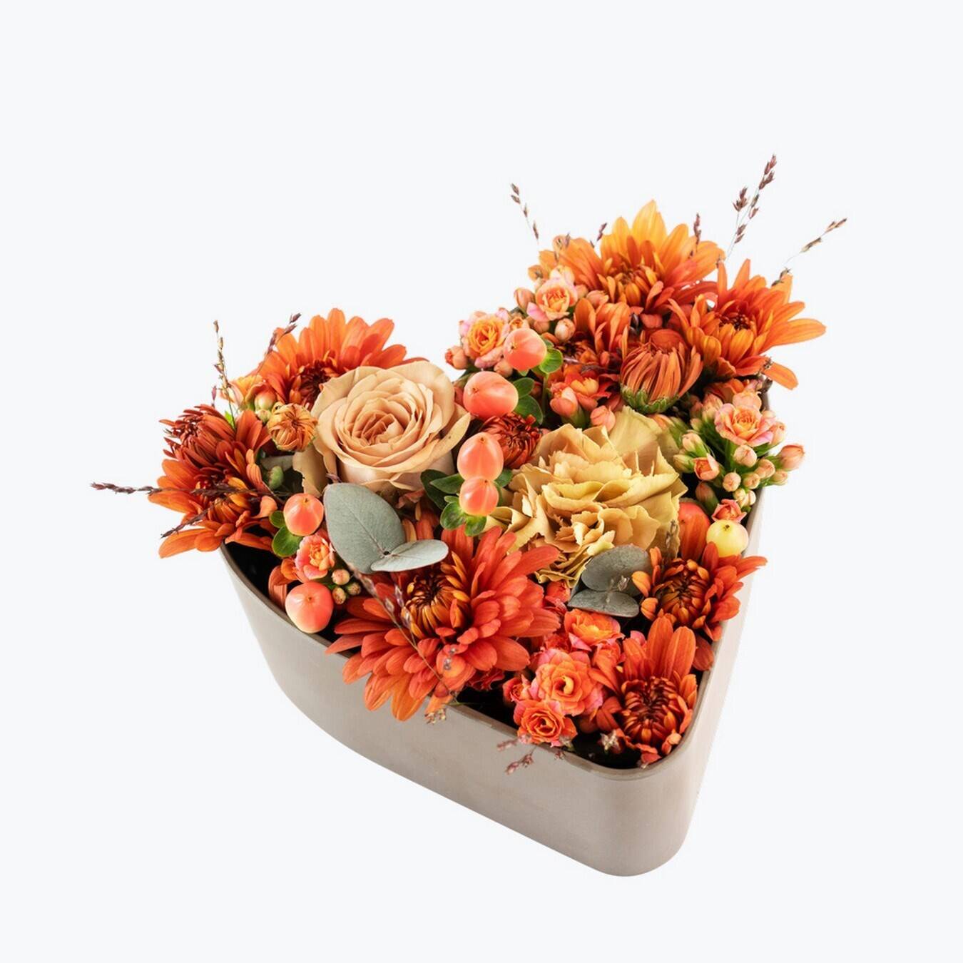 blumen, sträußchen, orange, pfirsich, behälter, Blumenstrauß, orangefarbene Blumen, Pfirsichrosen, zartes Grün, rechteckige Vase, blumenstrauß, orangefarben, pfirsichrose, anordnung, vasenbehälter