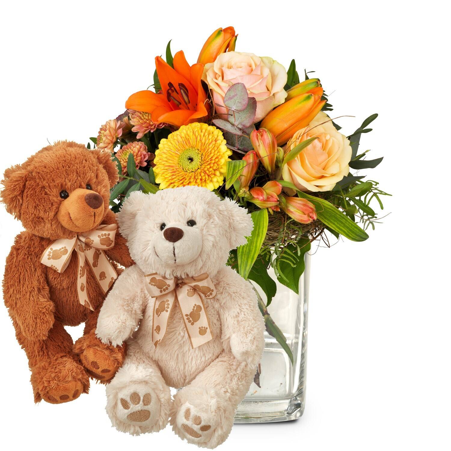 Teddybär, Blumenstrauß, Vase, Orange, Creme, Band, Blumenarrangement, Teddy Bären, Bouquet, Rosen, Gelbe Blume, Blumenarrangement, Teddybären, Bouquet, Gladiole, Rosen, gelbe Gerbera, Teddy-Bär, Plush-Spielzeug, Blumenstrauß, Blumen, Geschenkset