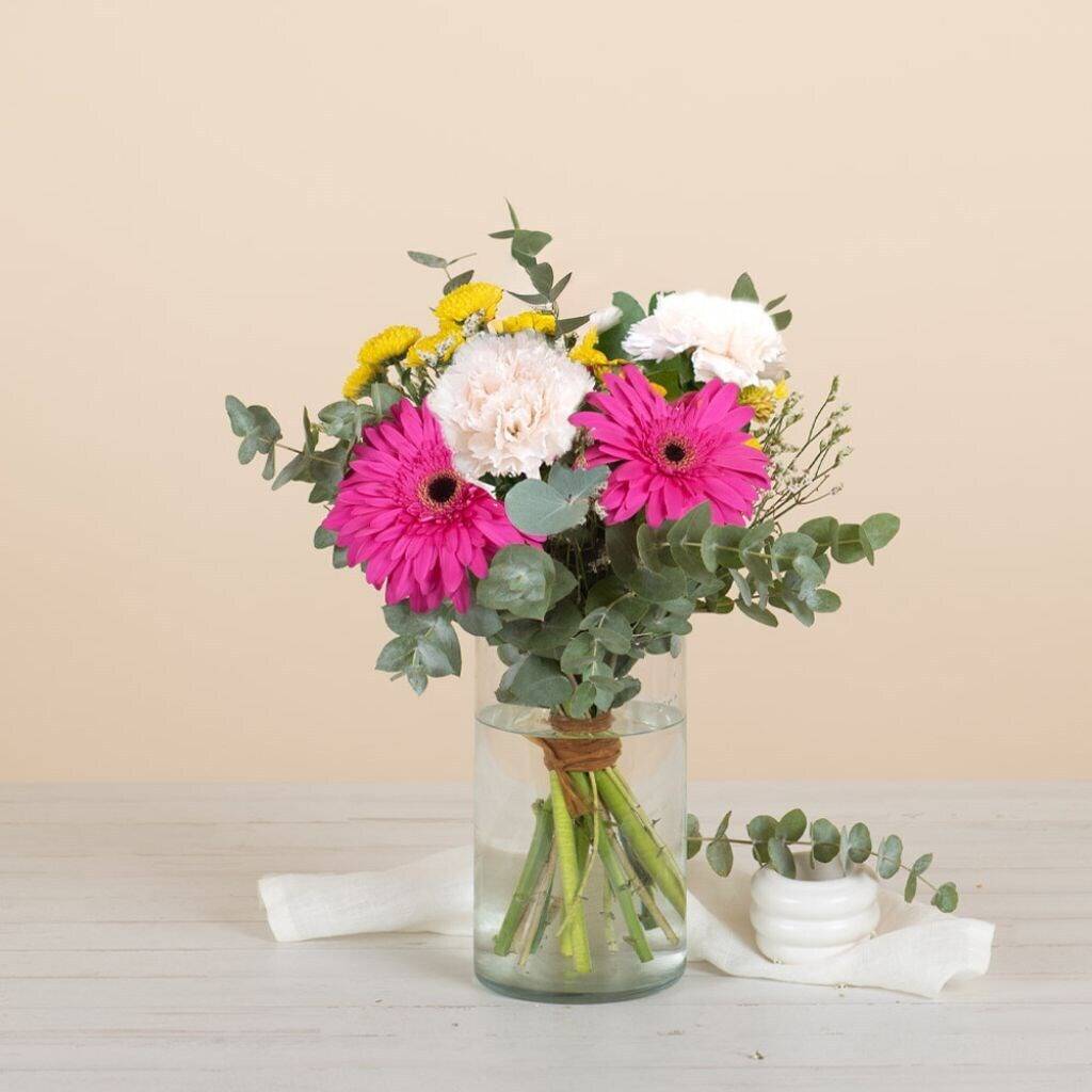 floral bouquet, pink gerbera, white carnation, yellow filler, eucalyptus, florals, bouquet, pink gerbera, white carnation, greenery, flower bouquet, pink gerbera, white carnations, yellow button mums, eucalyptus stems