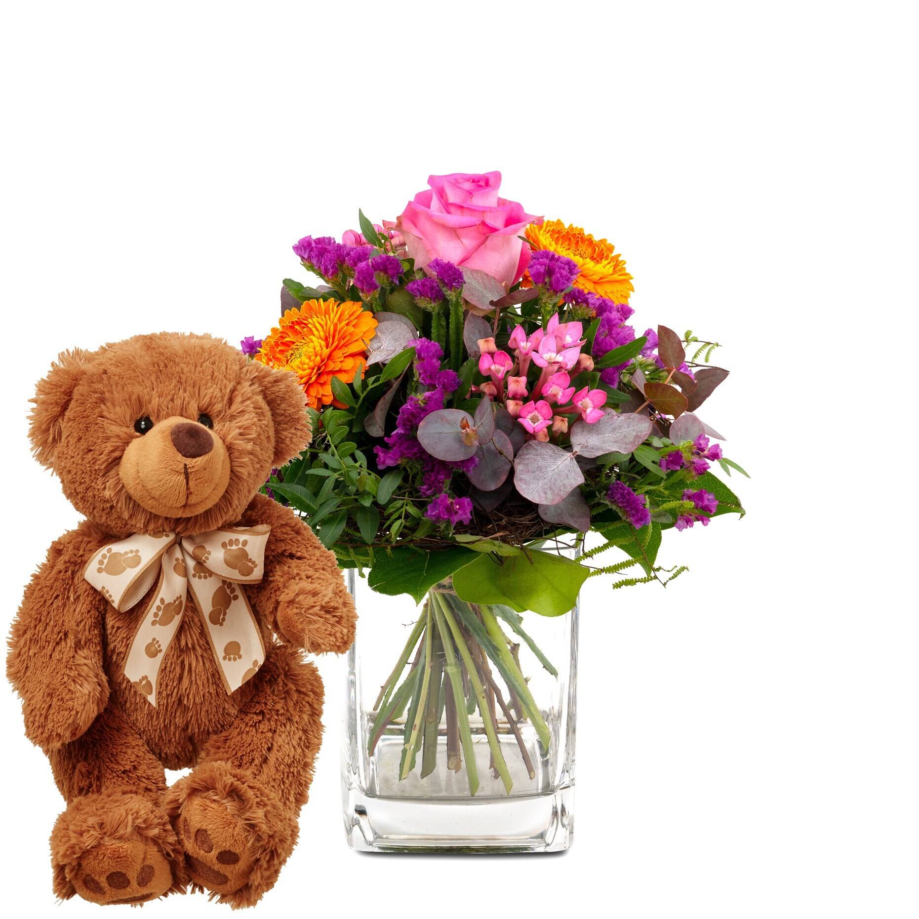 teddy bear, blumen, blumenstrauß, glasvase, pinkrose, teddy bear, Blumenstrauß, Glasvase, rosa Rose, bunter Strauß