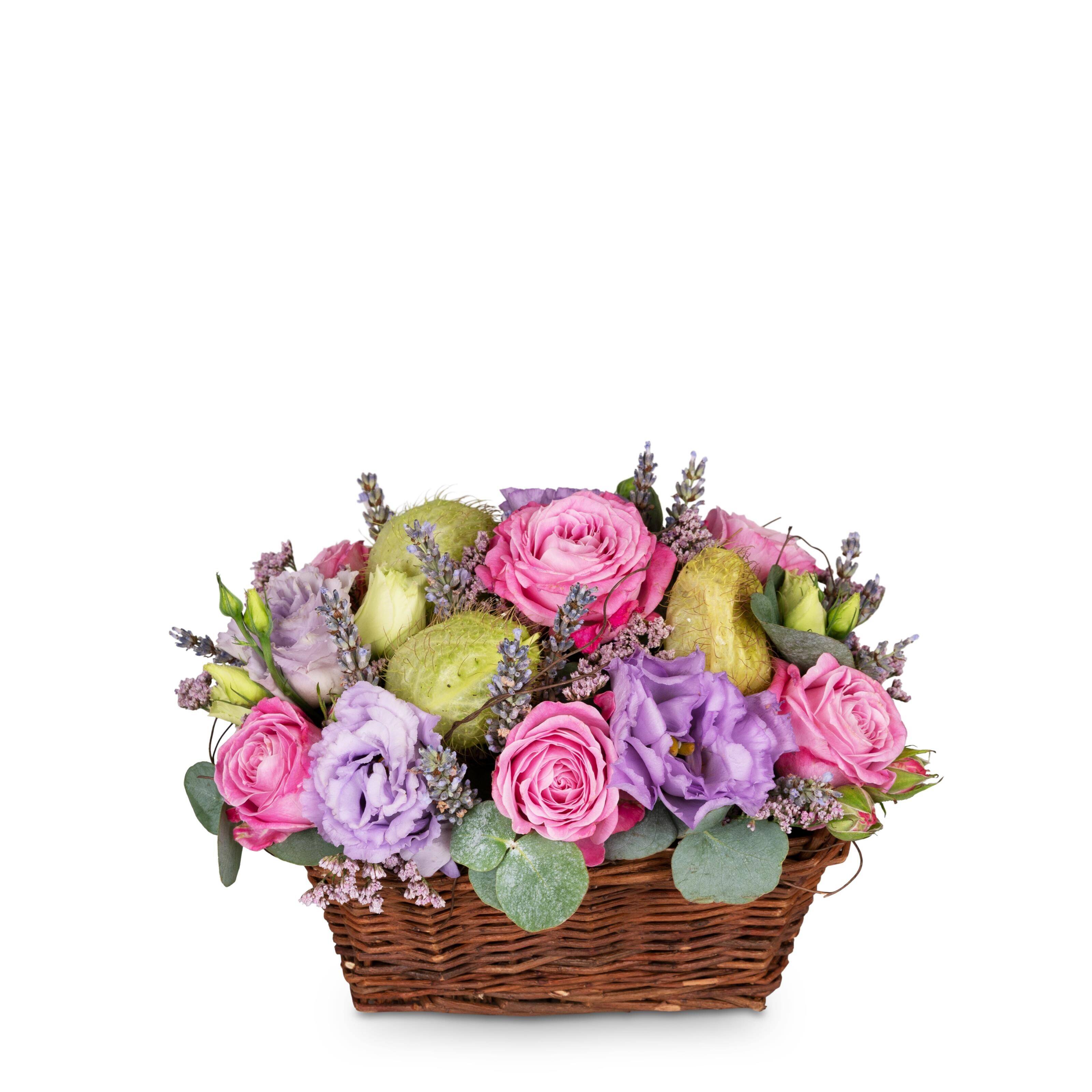 Blumenstrauß, rosa Rosen, lila Lisianthus, Korb, Blumenanordnung, Blumenkorb, Rosen pink, Lavendel, grüne Sukkulenten, geflochtener Korb, Blumenkorb, Blumenarrangement, Pinkrosen, Lila Lisianthus,  grüne Eukalyptus