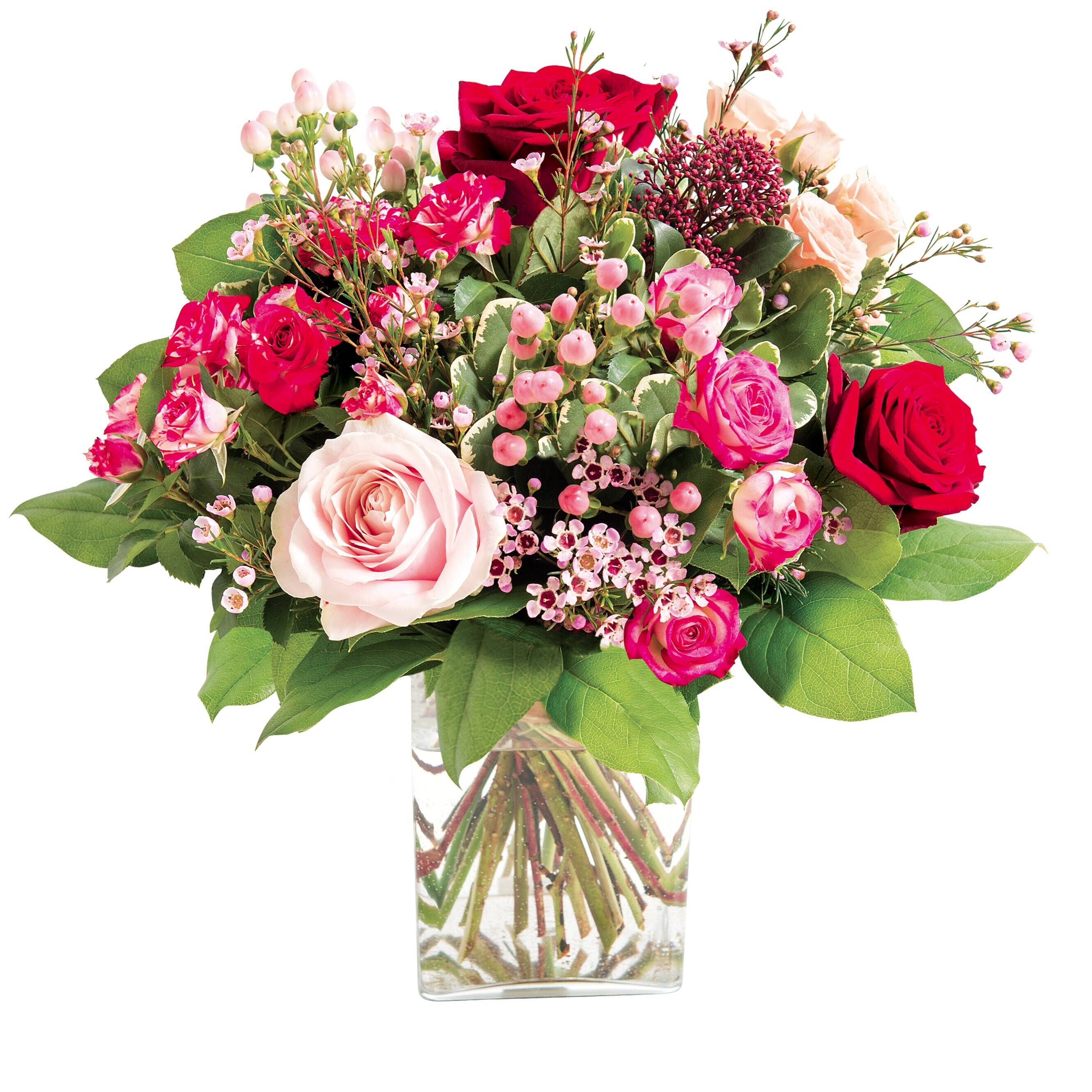 blumenstrauß, rosen, pinkfarbener strauß, glasvase, blumenanordnung, blumenstrauß, rosen, pinkrosen, glasvase, arrangement