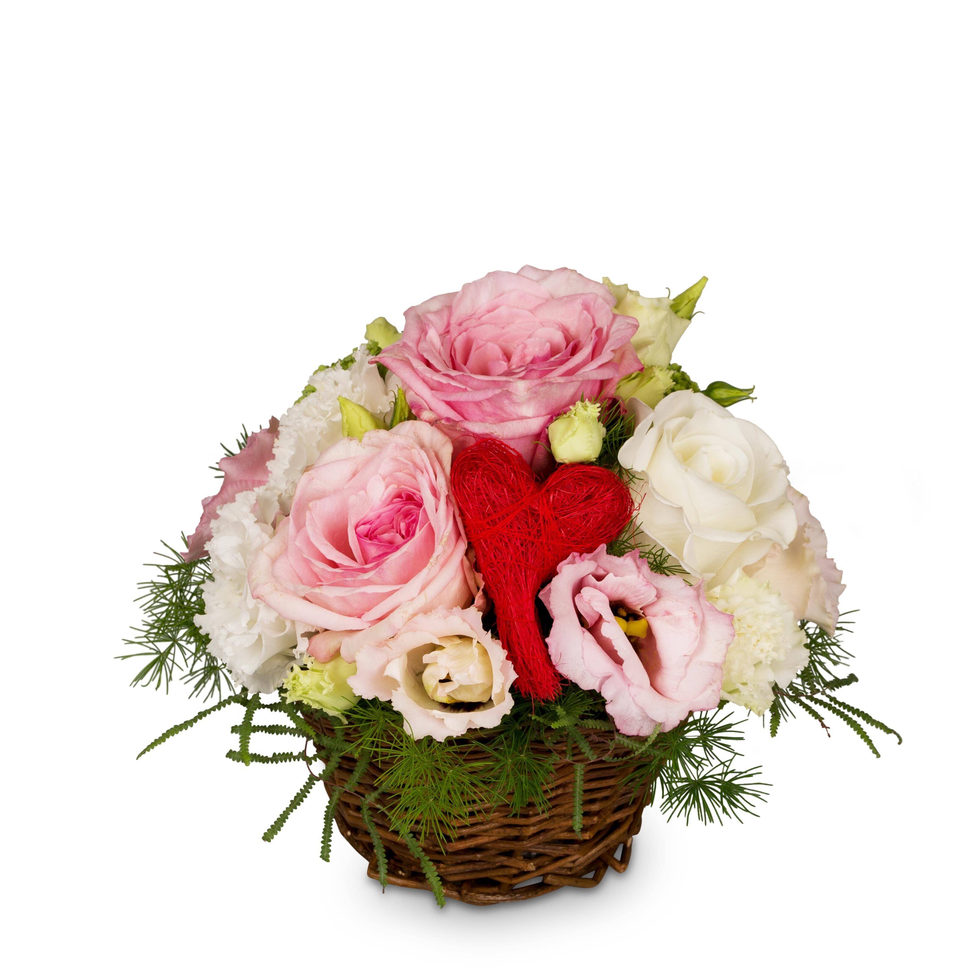 Blumenstrauß, rosa Rosen, weiße Rosen, Korb, Grünzeug, Blumenstrauß, rosa Rosen, weiße Blumen, Korb, Grünpflanzen, Blumenstrauß, rosa Rosen, weiße Blumen, Korb, Herz aus Garn, Blume, Blumenstrauß, Rosengebinde, Korb, Dekoration