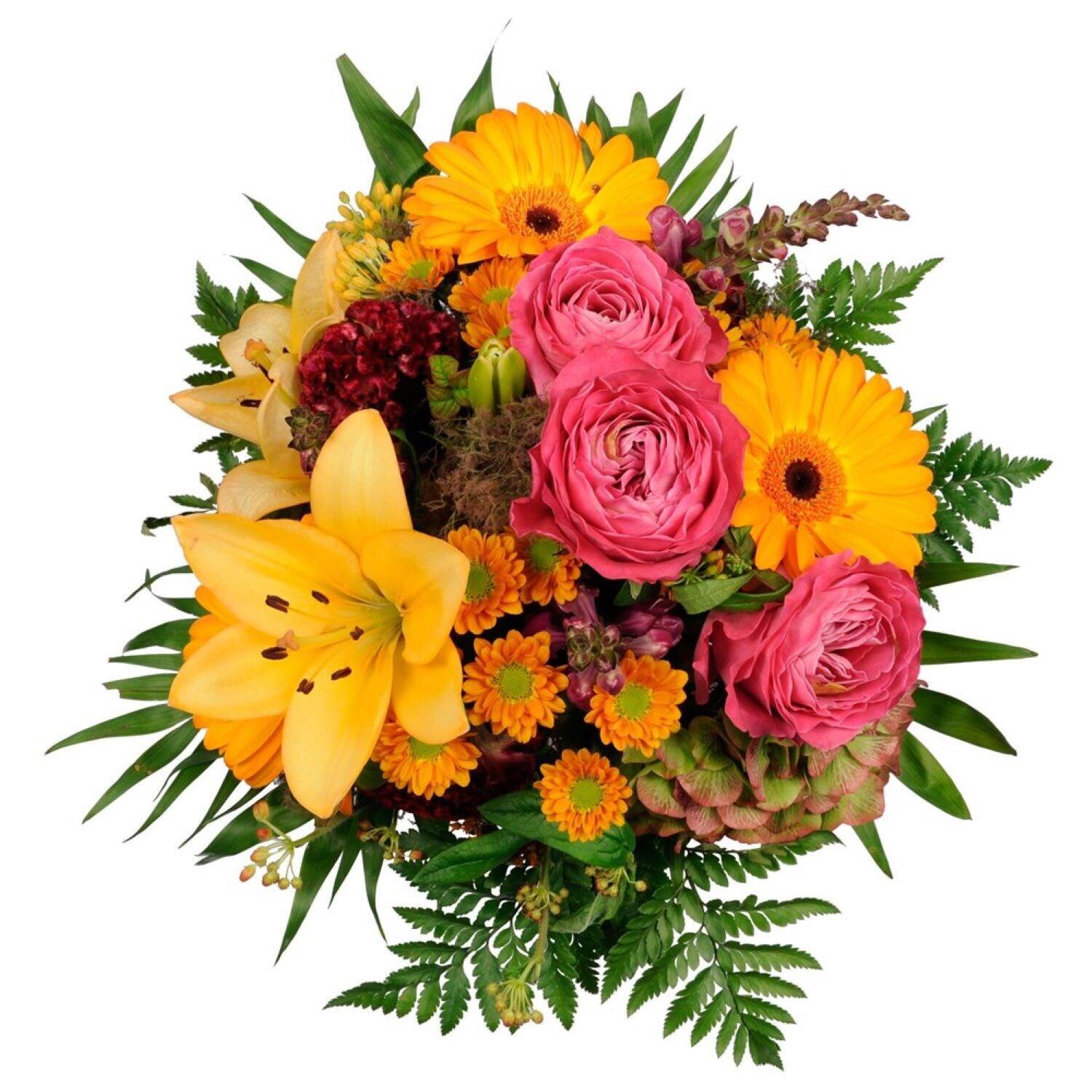 Blume, Blumen-Arrangement, Blumenstrauß, Rose, Florales Design, Blume, Blumen-Arrangement, Blumenstrauß, Rose, Florales Design, Blume, Blumen-Arrangement, Blumenstrauß, Rose, Florales Design, Blumenstrauß, Blumen, Gelb, Rosen pink, Farnblätter