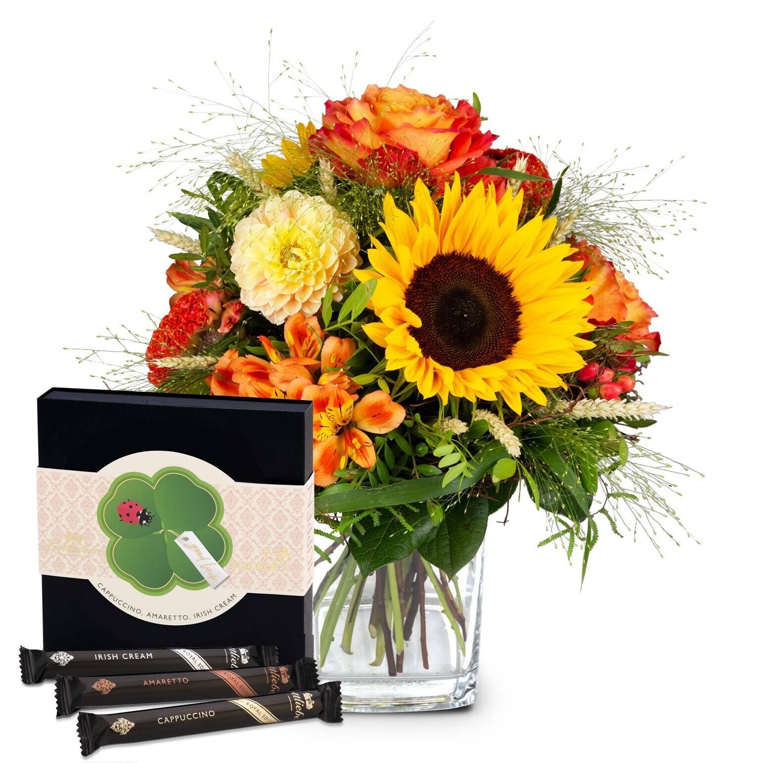 blumenstrauß, sonnenblume, orange farben, gelbe blütenblätter, glas vase, sonnenblume, Blumenstrauß, Blumen, Glasvase, Schokoladenleckereien, sonnenblume, Blumenstrauß, Blumen, Vase, bunte Blüten