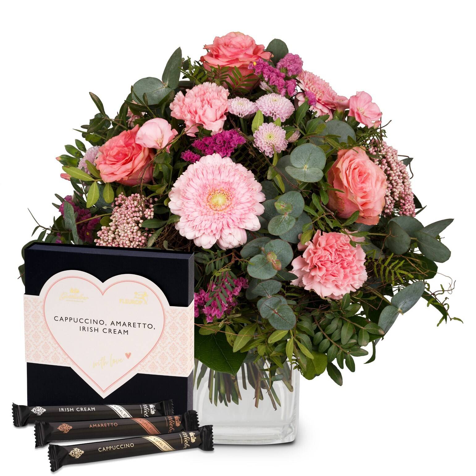 blumen, Blumenstrauß,  pink, Rosen, Geschenkset, blumenstrauß, rosa farben, rosen, gerbera, grünpflanzen