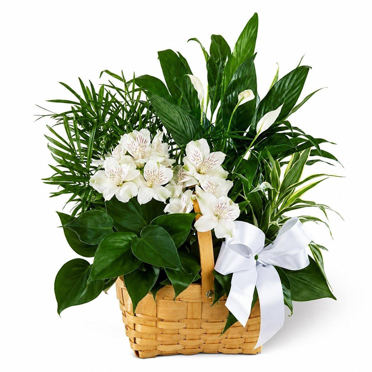 Blumen, Korbtasche, Weiße Blüten, Grüne Pflanzen, Floristikkorb, Blumen, Blumengesteck, Korb, weiße Blumen, Grünpflanzen