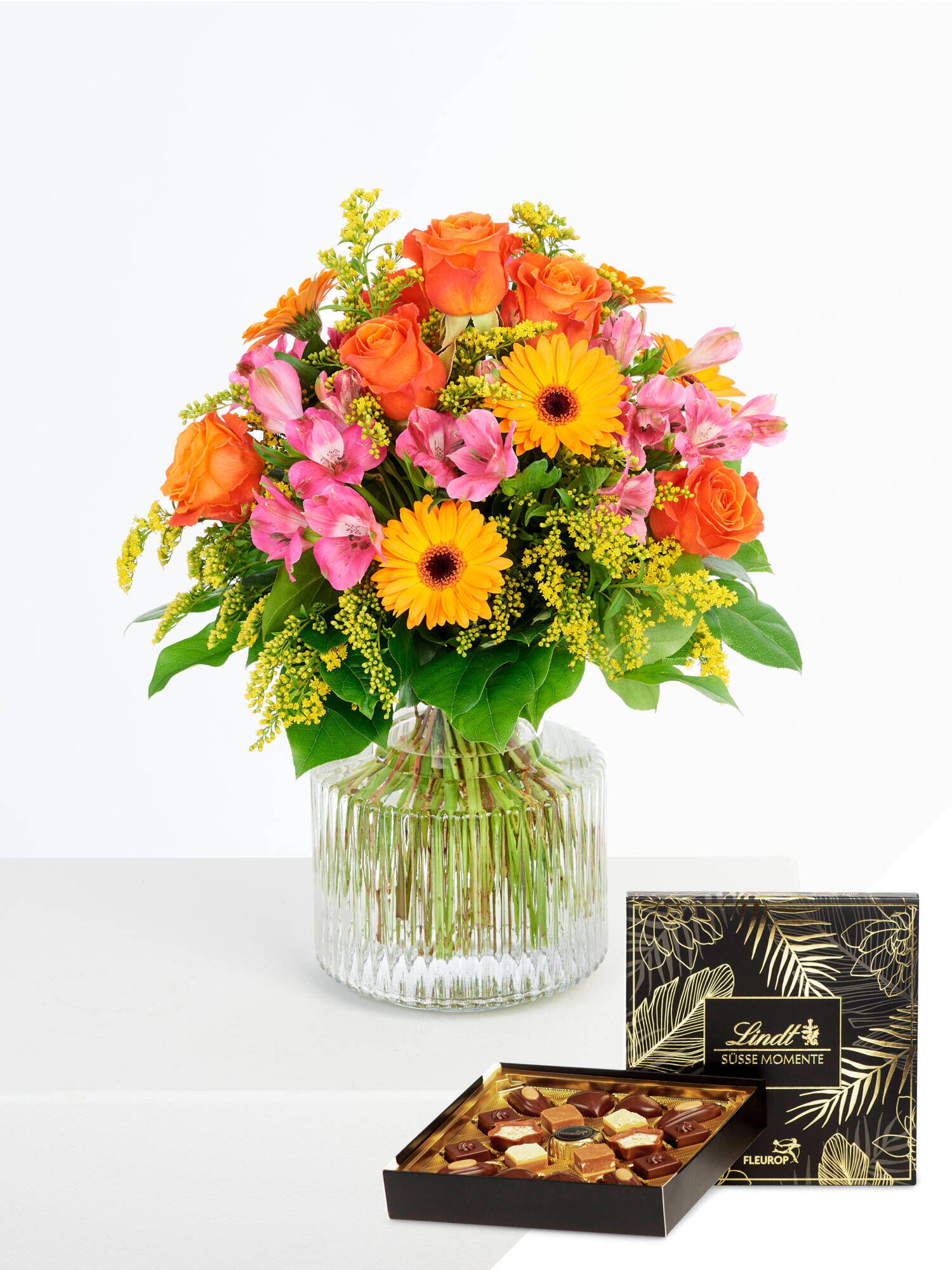 Sunny Birthday Greetings with Lindt Pralines - Main Colors: ORANGE, PINK, YELLOW - Main Flowers: ALSTROEMERIA, GERBERA, ROSES