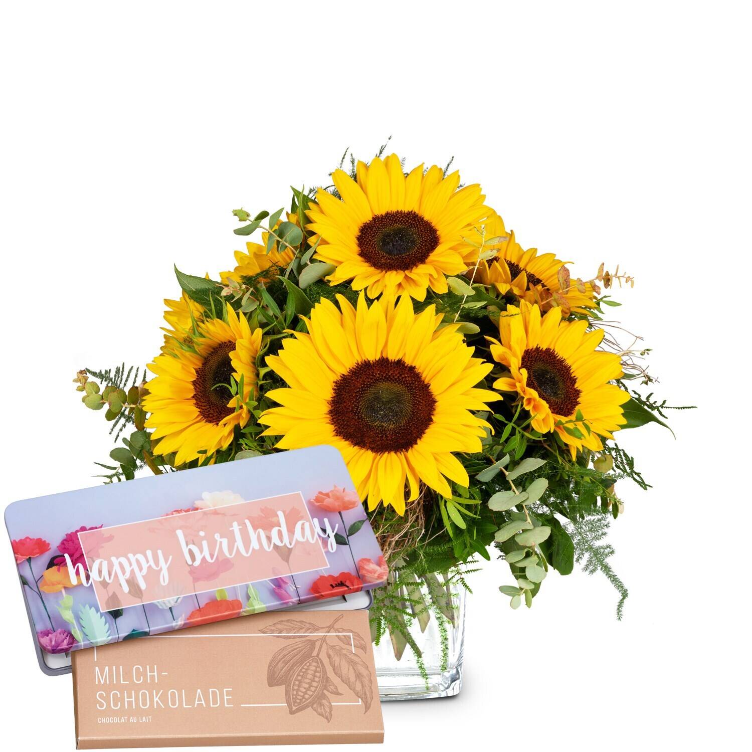 sonnenblumen, Blumenstrauß, Blüten, Gelb, Grün, sonnenblumen, Blumenstrauß, Blüten, Grünzeug, Schokolade, sonnenblumen, blumenstrauß, blumen, grüne blätter, kakao schokolade, sonnenblumen, blumenbouquet, gelbe blumen, grünpflanzen, schokoladenbox