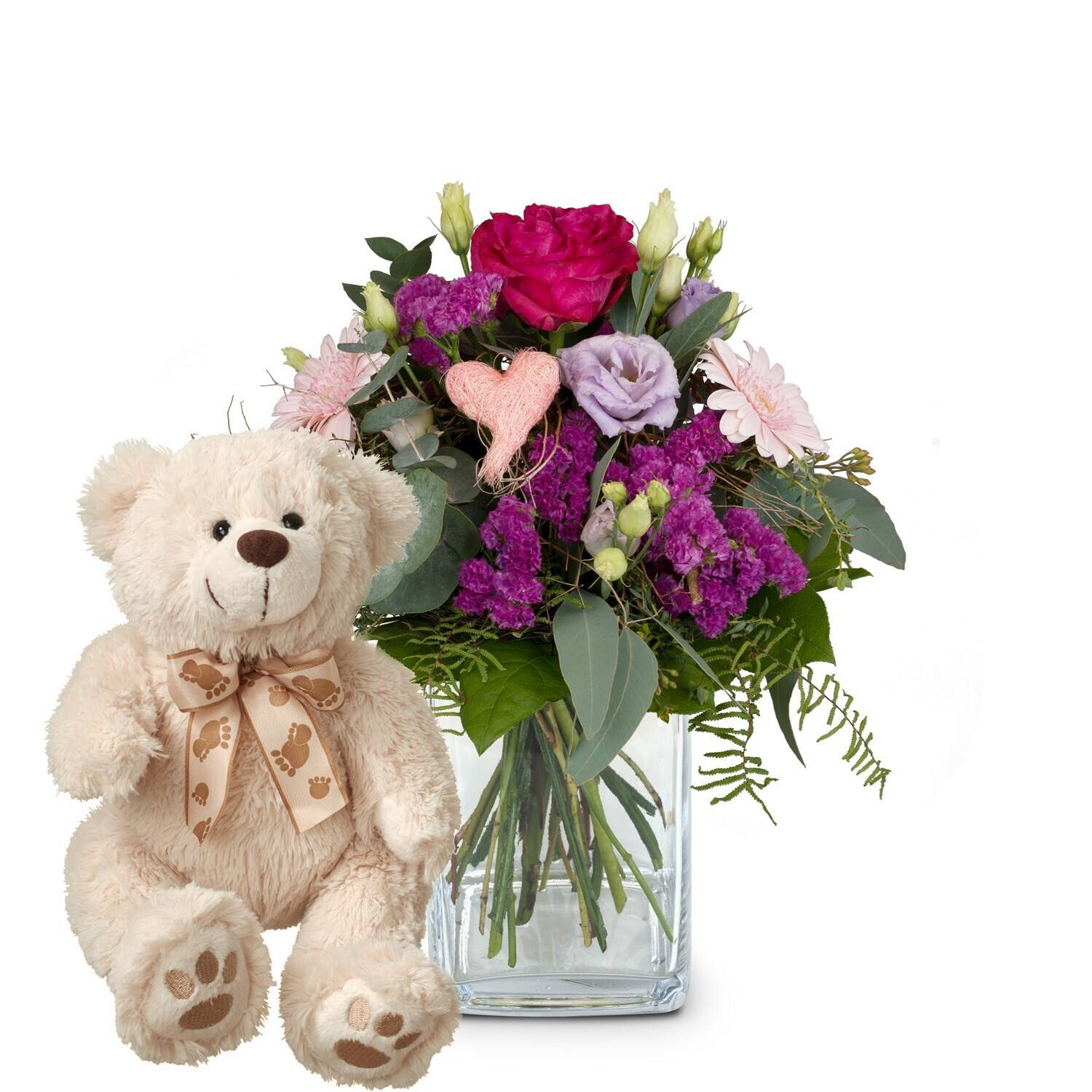 Blumenarrangement, Teddybär, Glassvase, Pinkeslila Bouquet, Herzdetail