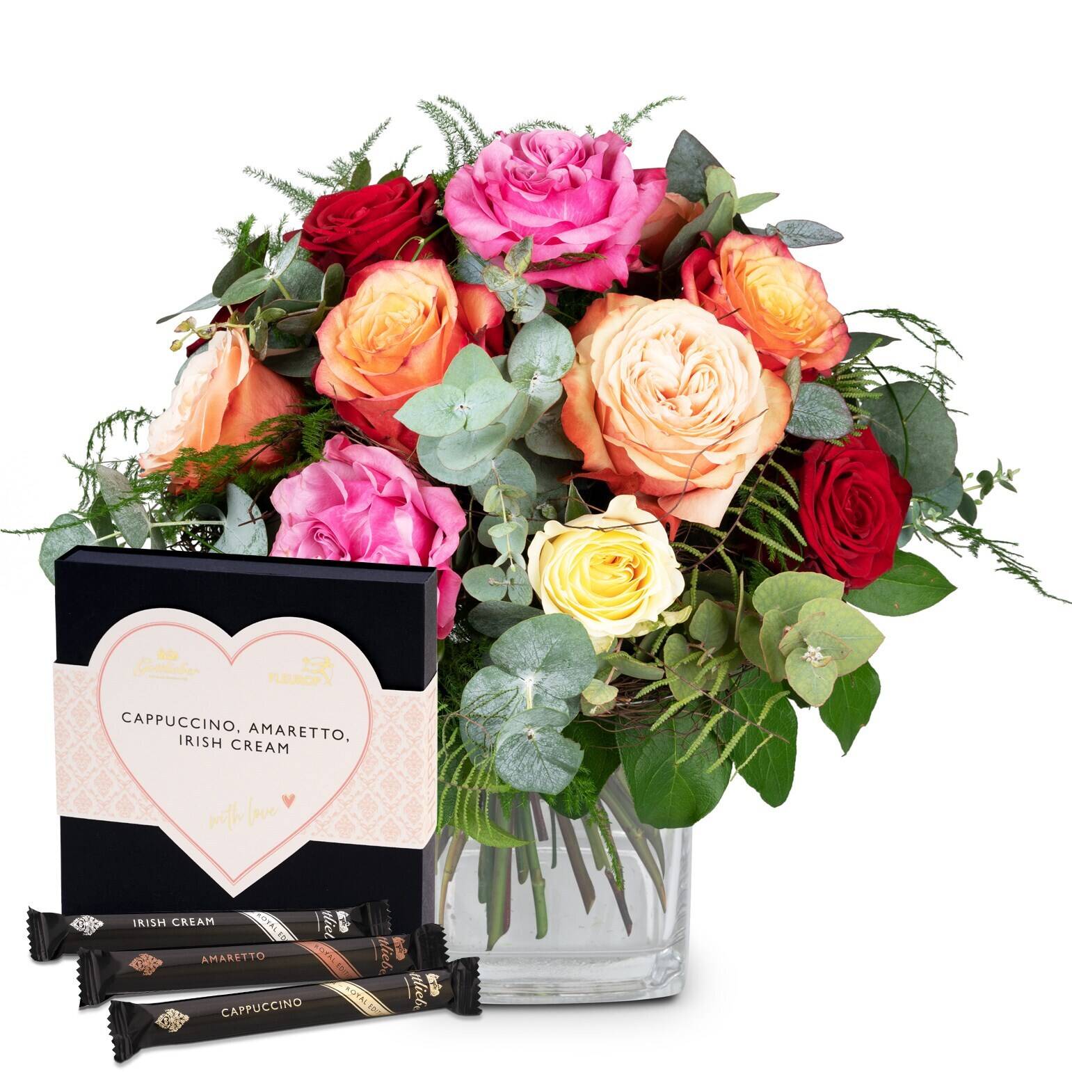 blumenstrauß, rosen, pfingstrose, grünzeug, geschenkbox, blumen, strauß, rosen, geschenk, schokolade, Blumenstrauß, Rosenstrauß,  gemischte Rosen, Geschenkbox, Schokoladenbonbons, blumen, Bouquet, Rosen, Glasvase, Schokoriegel