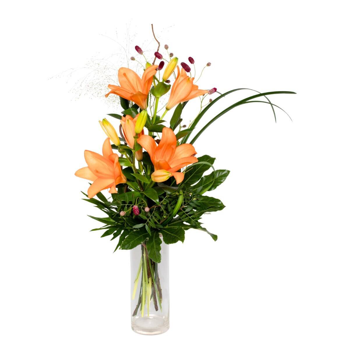 orange Lilien, Blumenarrangement, klarer Vase, grünes Laub, Blumenstrauß, blumen, orange farbige Lilien, Blumenarrangement, Glasvase, grünes Laub, Blumenstrauß, orange Lilien, Glasvase, grünes Laub, Blumengesteck