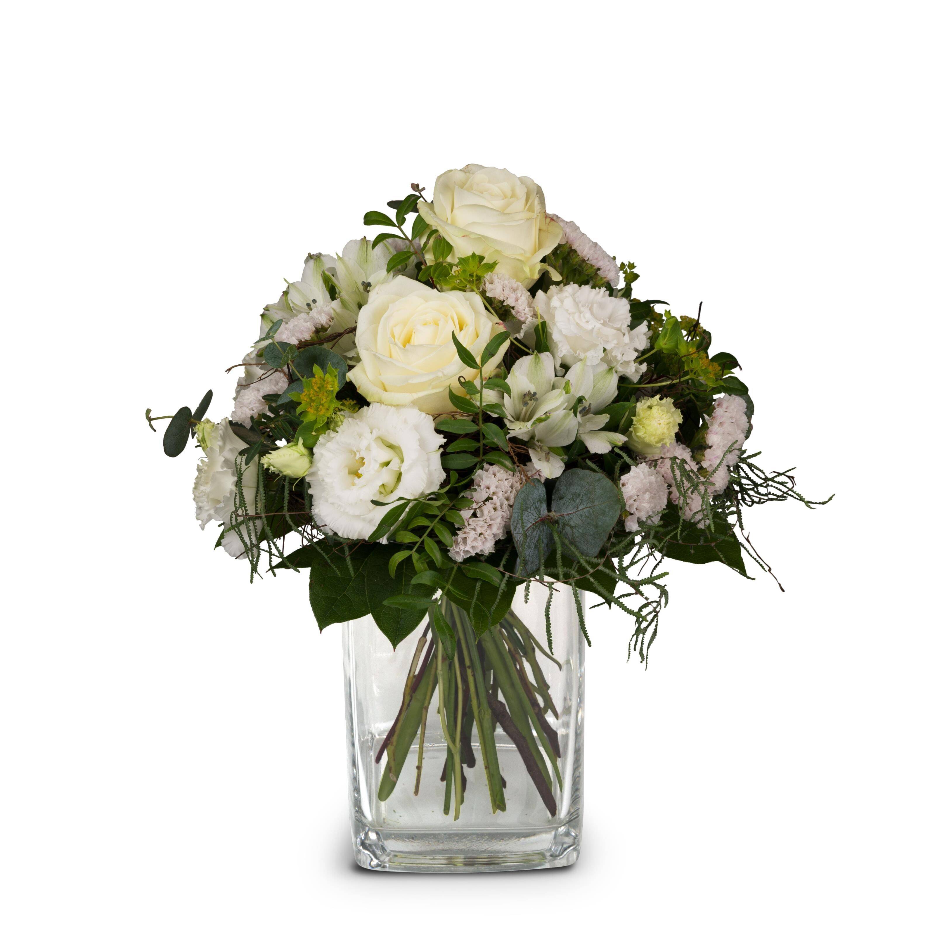 white roses, floral arrangement, glass vase, greenery, bouquet, flower bouquet, white roses, glass vase, greenery, floral arrangement, white roses, floral arrangement, glass vase, green foliage, pastel bouquet