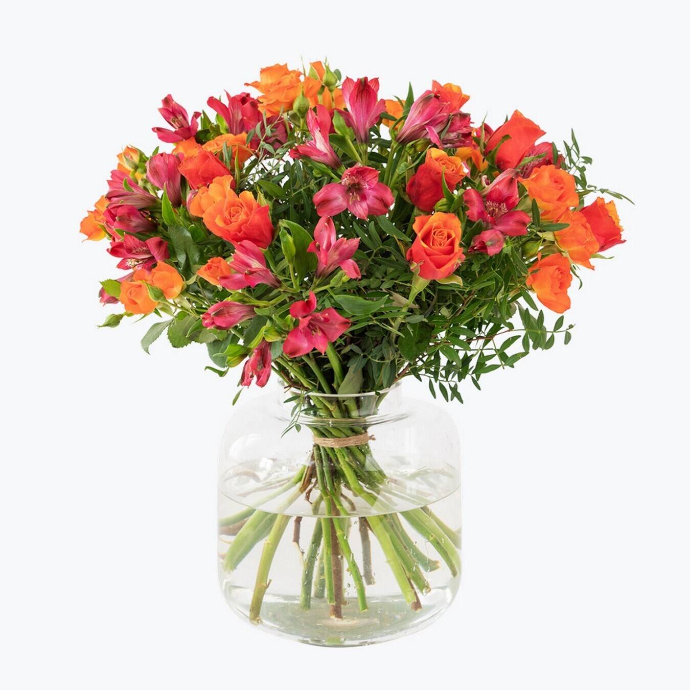 Blumenstrauß, orange Rosen, pinkfarbene Lilien, Glasvase, grüne Stiele, Blumenstrauß, orangefarbene Rosen, pinkfarbene Lilien, Glasvase, grüne Stiele, Blumenstrauß, Blumen, Glassvase, Orange, Pink, blumen, blumenstrauß, rosen, glasvase, gemischte blüten