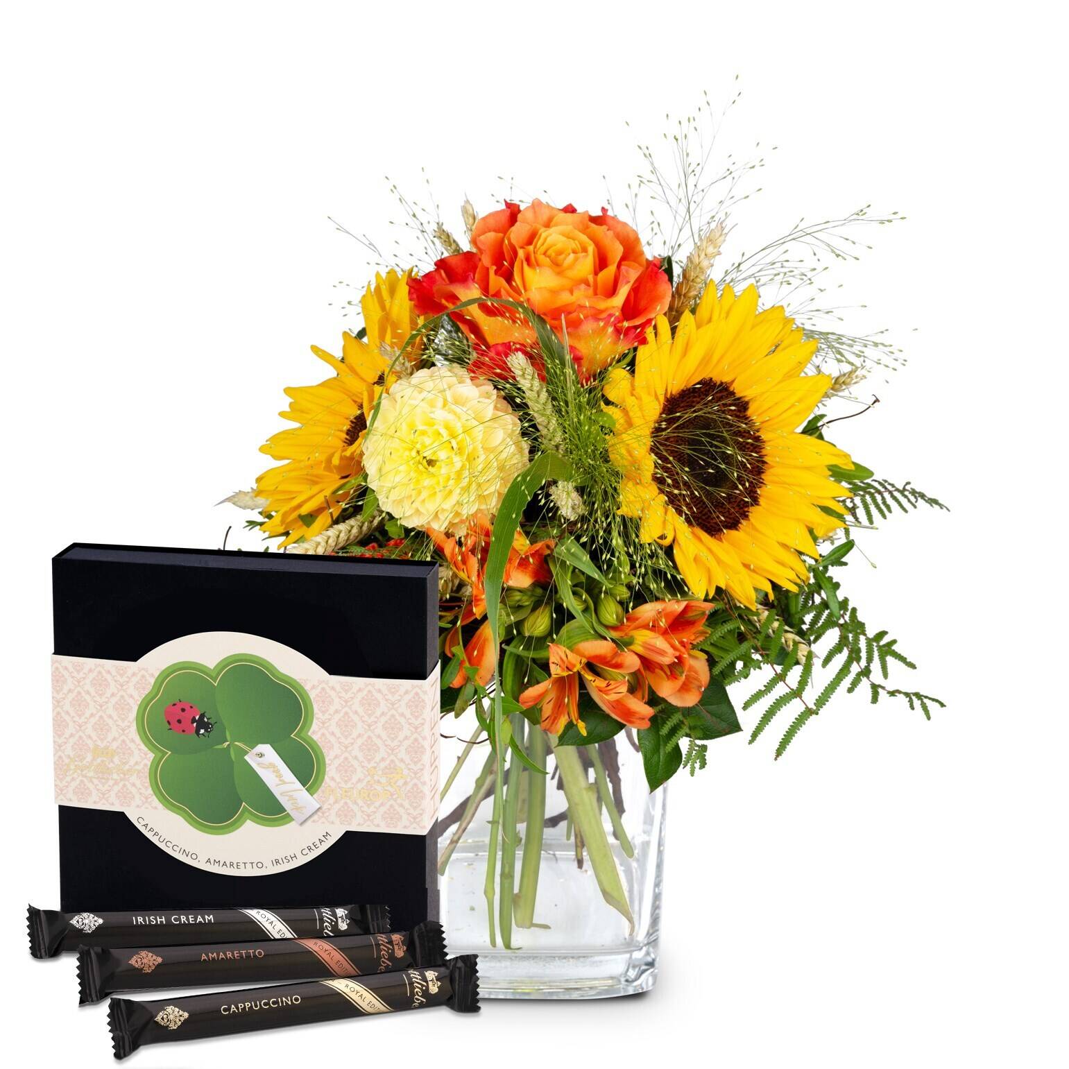 Blumenstrauß, Sonnenblumen, orange Rosen, gemischtes Grün, Geschenkbox, sonnenblumen,  bukett,  Herbstfarben,  gemischte blumen, geschenkverpackung, blumen, sonnenblume, strauß, orange, geschenkset