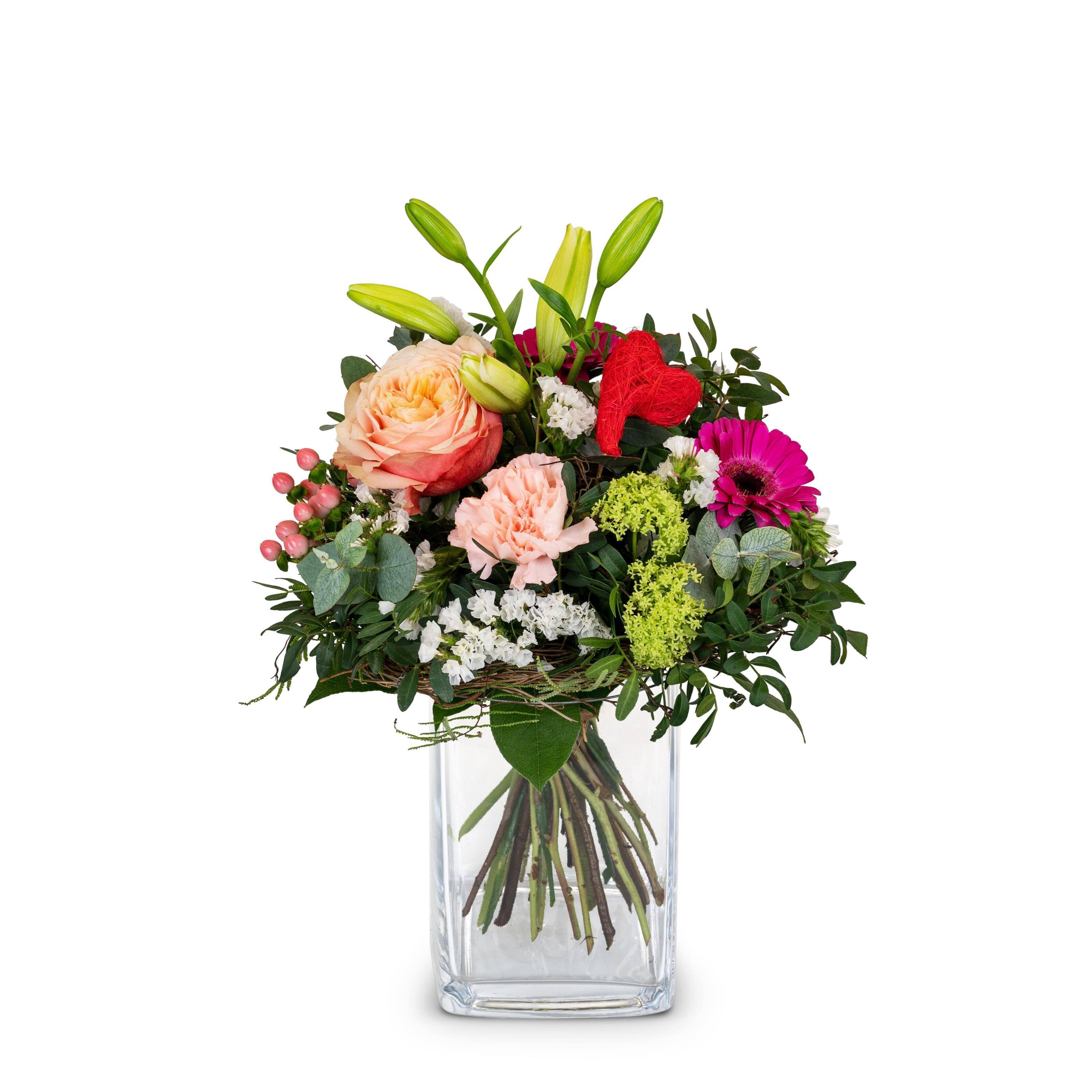 Blumenstrauß, Rosen, Lilien, Glasvase,  gemischtes Grün