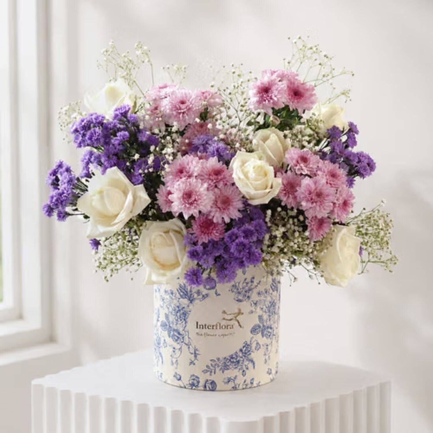 Blumenstrauß, pink lila weiß, Rosen, Chrysanthemen, Blumenarrangement, blume, Blumenstrauß, rosa, lila, weiß, Blumenstrauß, Blumen, Pink, Lila, weiße Vase