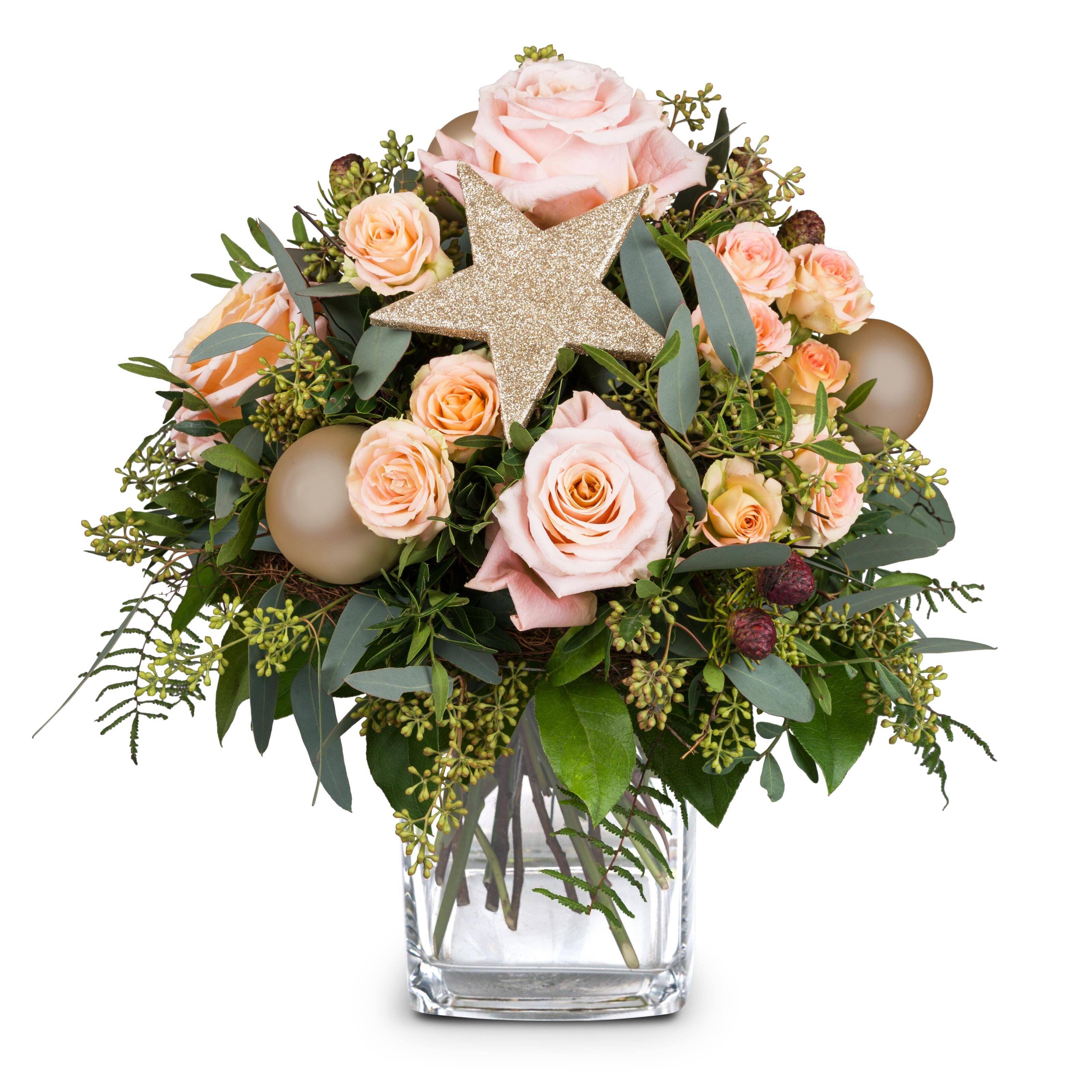 Blume, Blumen-Arrangement, Blumenstrauß, Rose, Florales Design, Blume, Blumen-Arrangement, Blumenstrauß, Rose, Florales Design, Blume, Blumen-Arrangement, Blumenstrauß, Rose, Florales Design, Blumenstrauß, Rosen, Pfirsichrosa, Glitzerstern, Glasvase