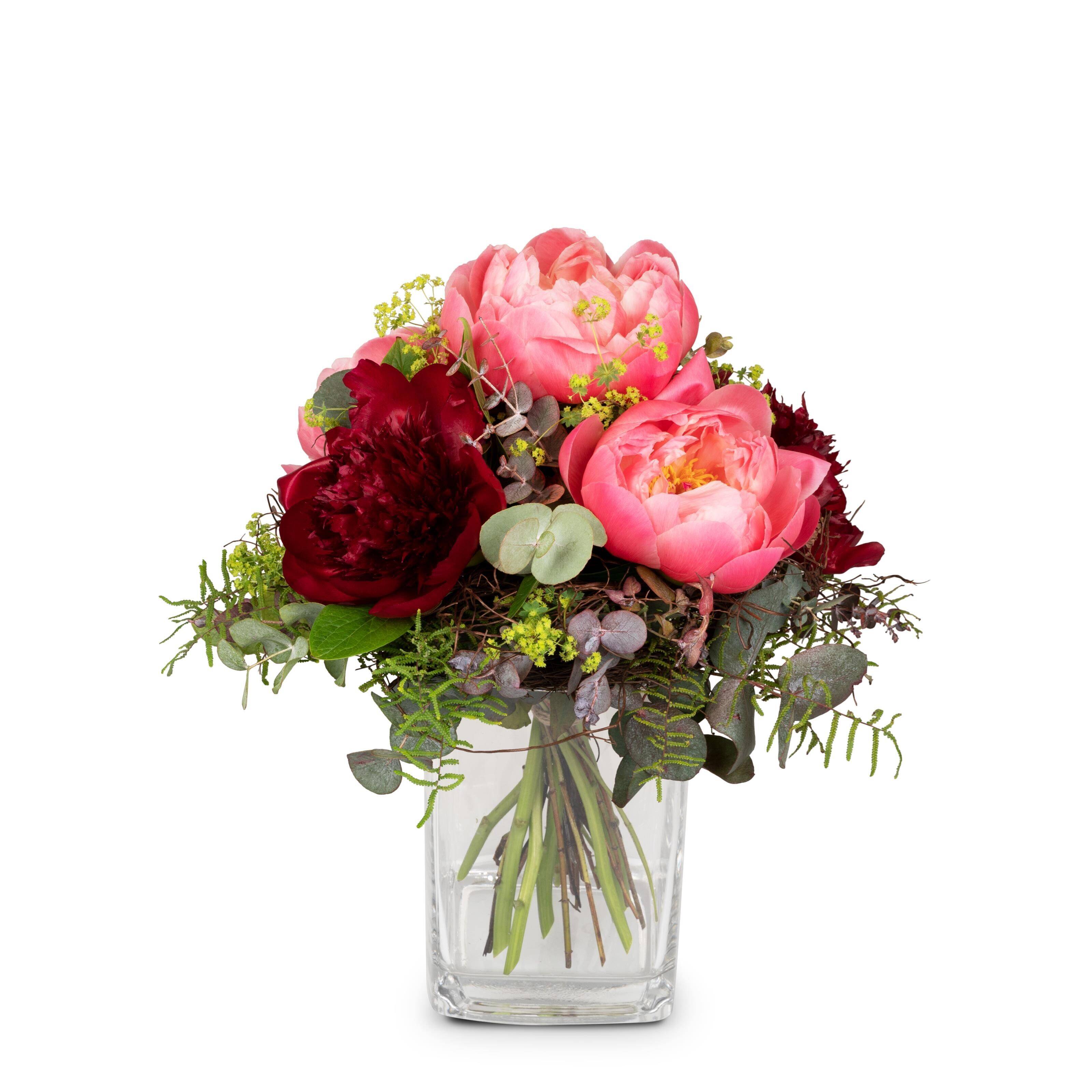 Blumenstrauß, Blumen, Pinke Pfingstrosen, Gläserne Vase, Florale Anordnung