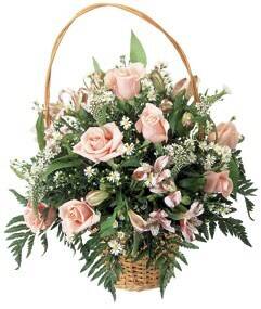 Blumenkorb, Rosen pink, Blumenstrauß, Korb mit Henkel, Grünes Laub