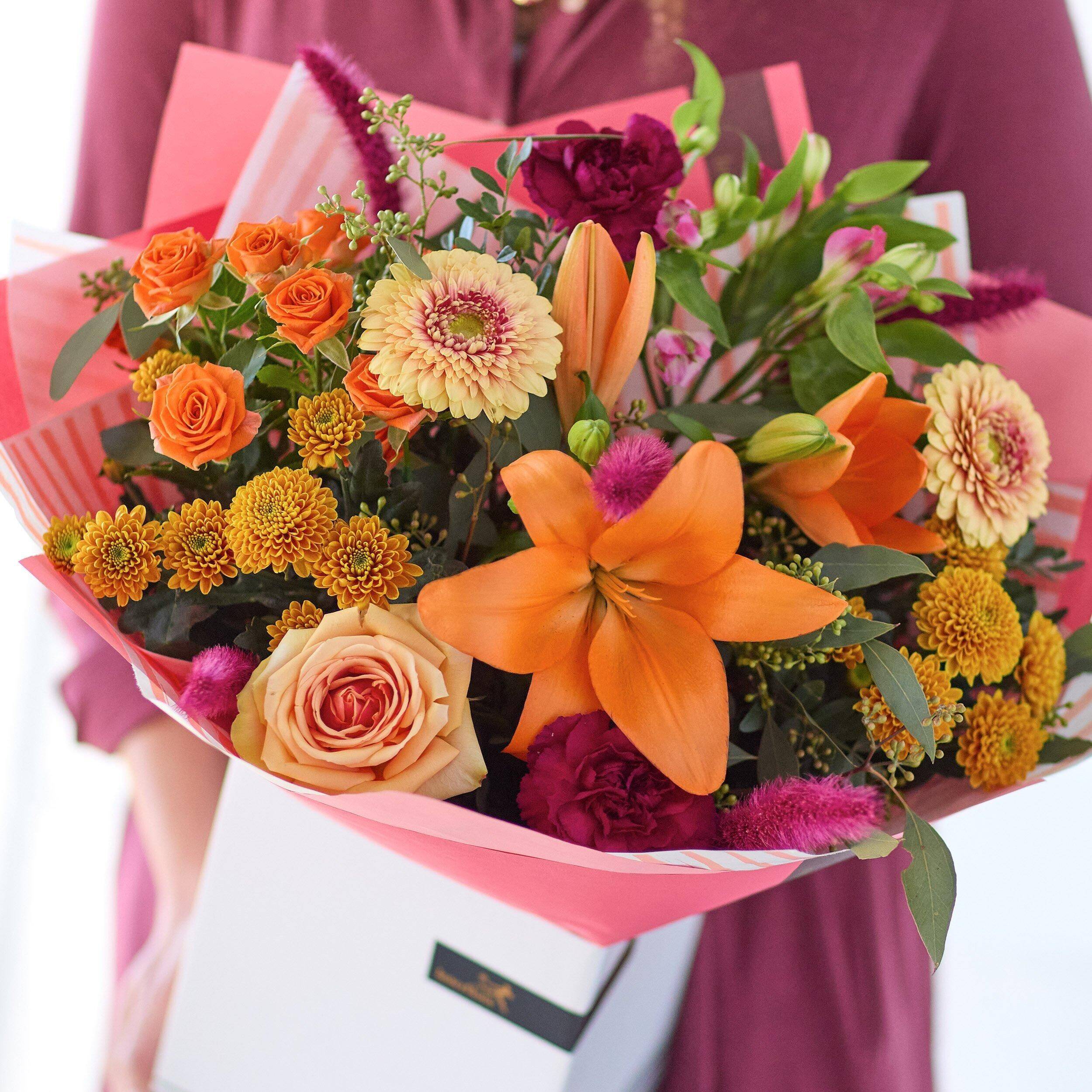 blumen, Blumenstrauß, orange, gemischte-blüten, Blumenarrangement, blumen, strauß, orange, pink, verpackung, blumen, Blumenstrauß, orange, pink, Anordnung
