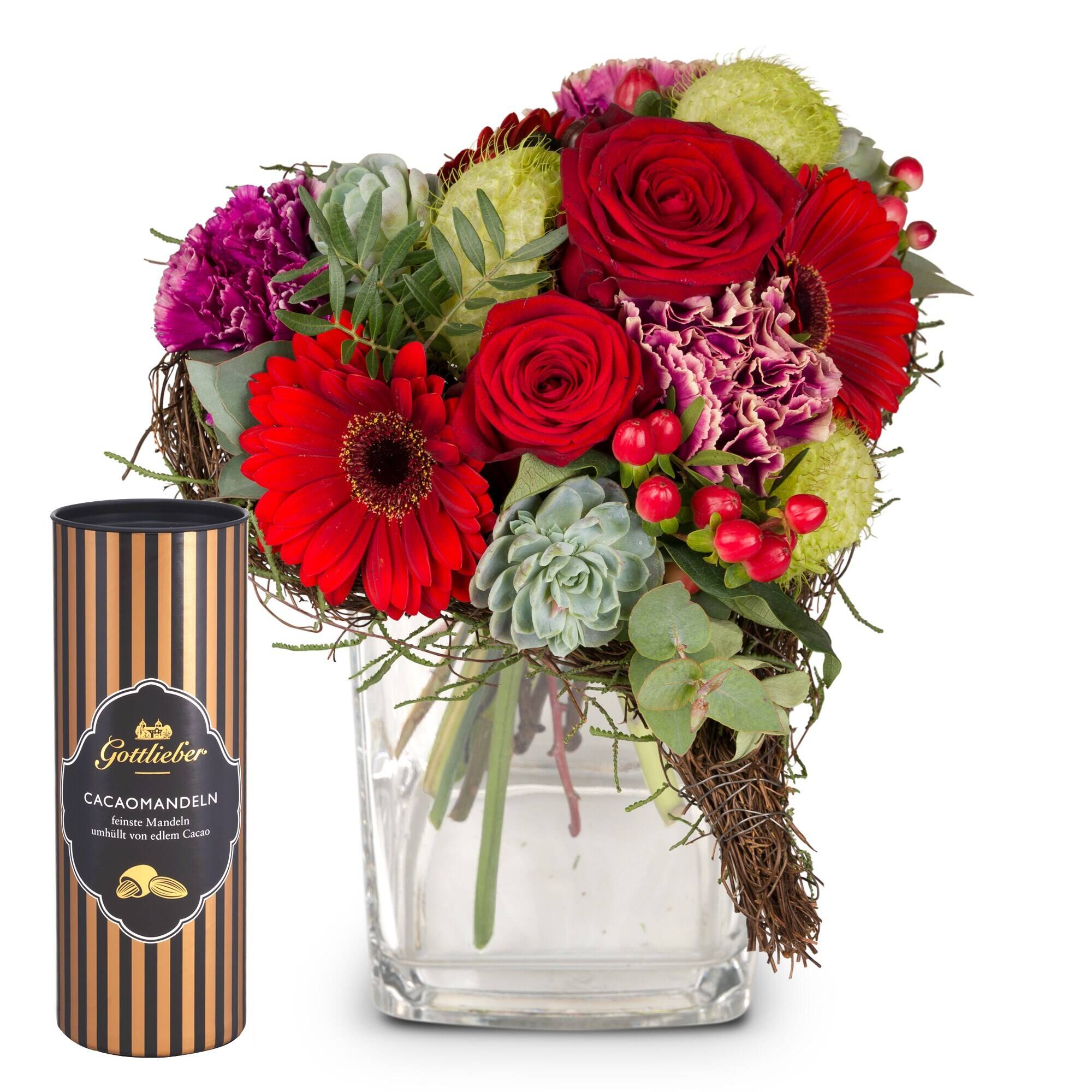 Blume, Blumen-Arrangement, Blumenstrauß, Rose, Florales Design, Blume, Blumen-Arrangement, Blumenstrauß, Rose, Florales Design, Blume, Blumen-Arrangement, Blumenstrauß, Rose, Florales Design, Blumenstrauß, Rote Rosen, Gerbera, Sukkulente, Kakaomandeln