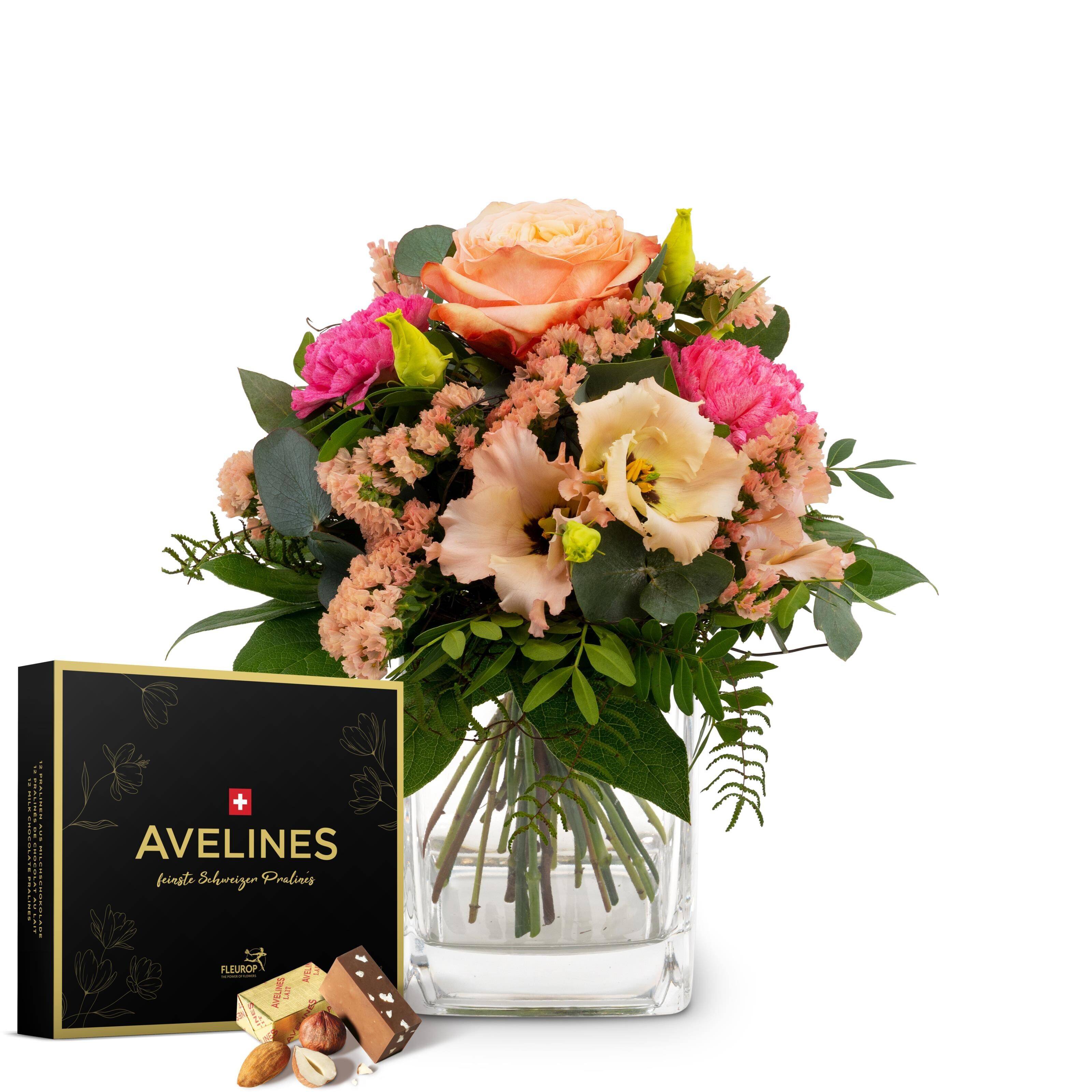 blumen, blumenstrauß, Pfirsichrose, pinke Nelken, glasvase, blumenstrauß, pfirsichfarbene rose, rosa farbene blumen, grünes blätterwerk, glasvase, Blumenstrauß, Gladiolen, Rose, pinkfarbene Blumen, Glasvase