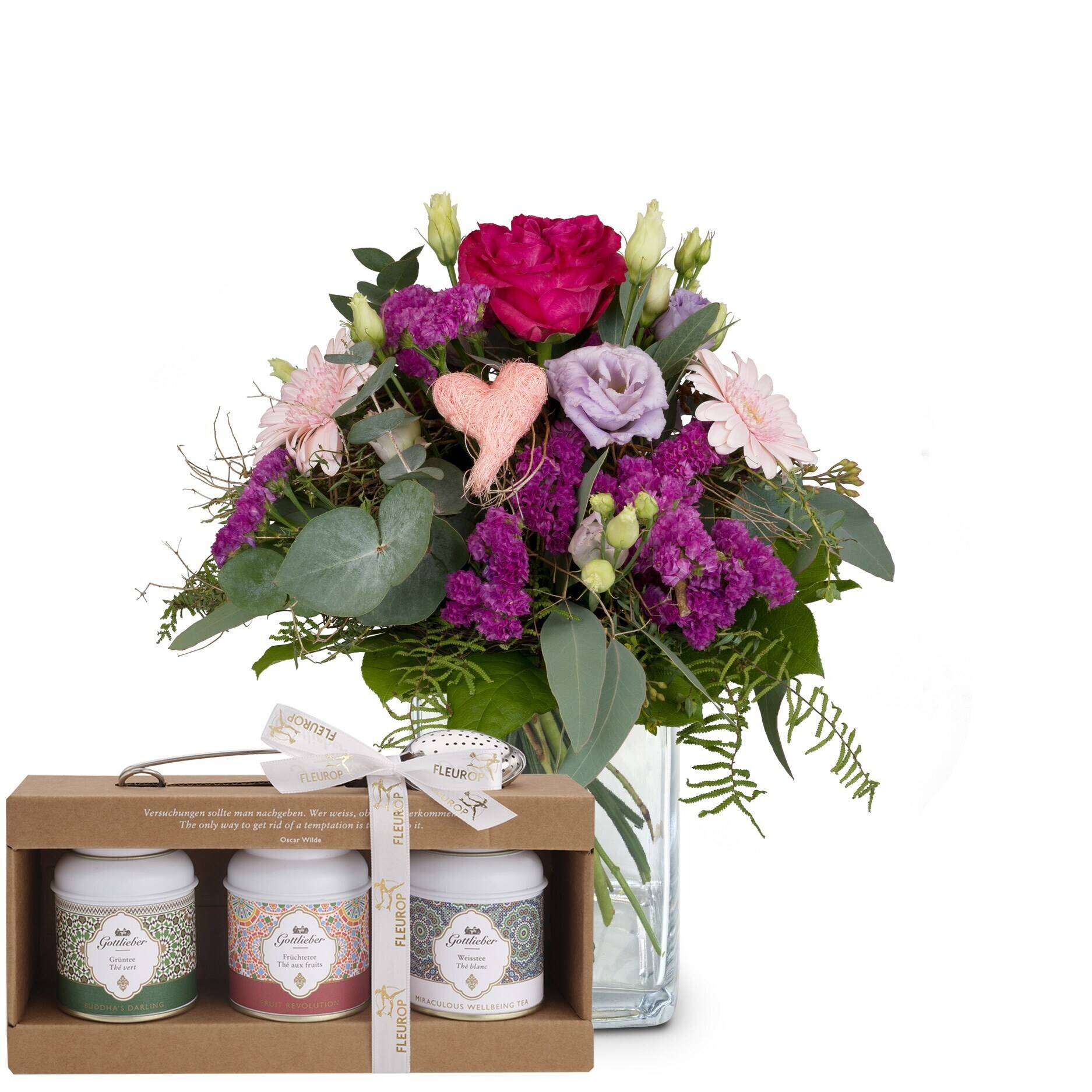 Blumenstrauß, rosa/purple Blumen, grünes Laub, Glasvase, Geschenkset, blumen, blumenstrauß, blumenarrangement, pflanzen, geschenkset