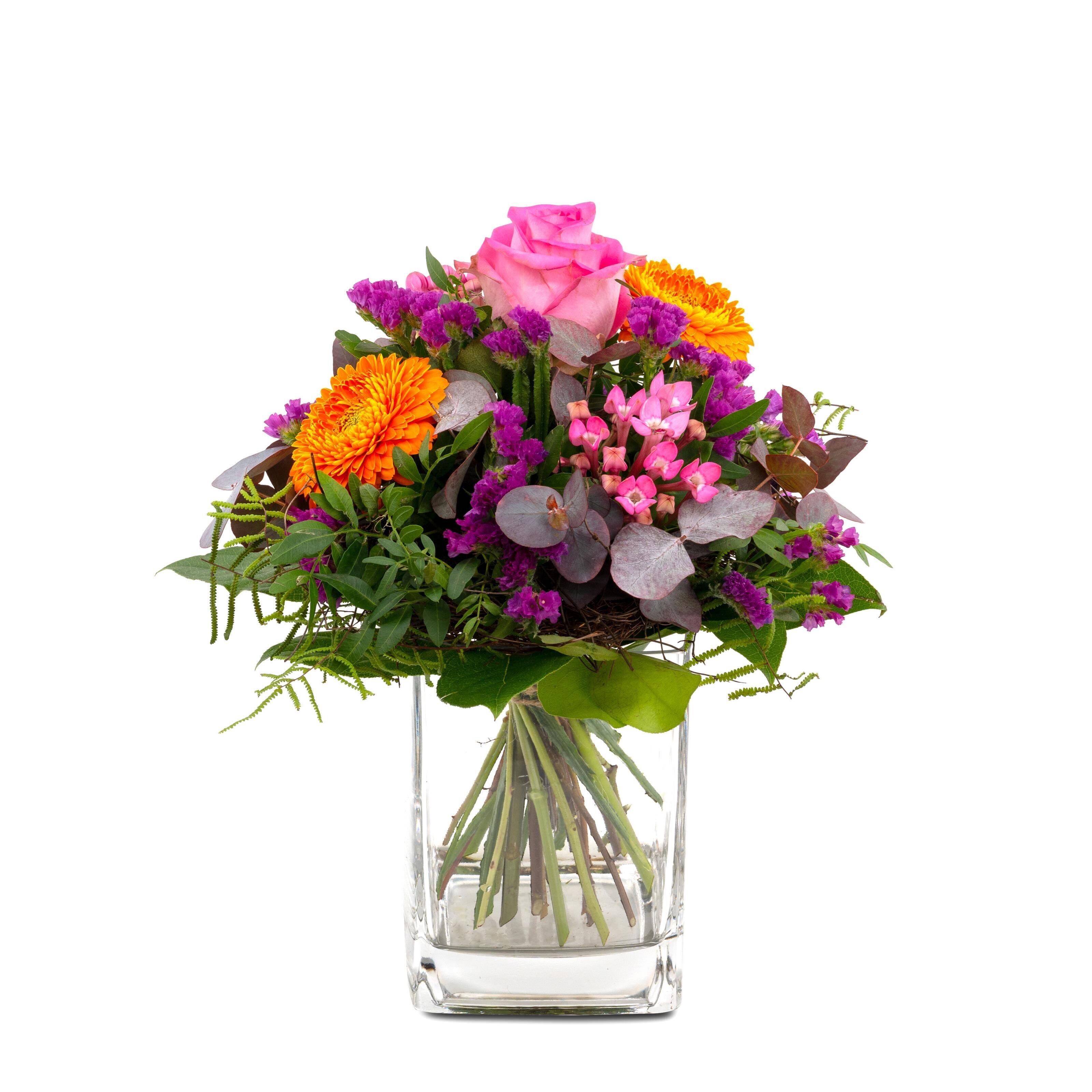 Blumenarrangement, Blumenstrauß, Blumen, Glasvase, Pink Orange Lila, blumenstrauß, glasvase, rosa rose, orange chrysantheme, lila statice, Blumenstrauß, Gladiolen, Rose, Oranger Chrysantheme, Grünzeug