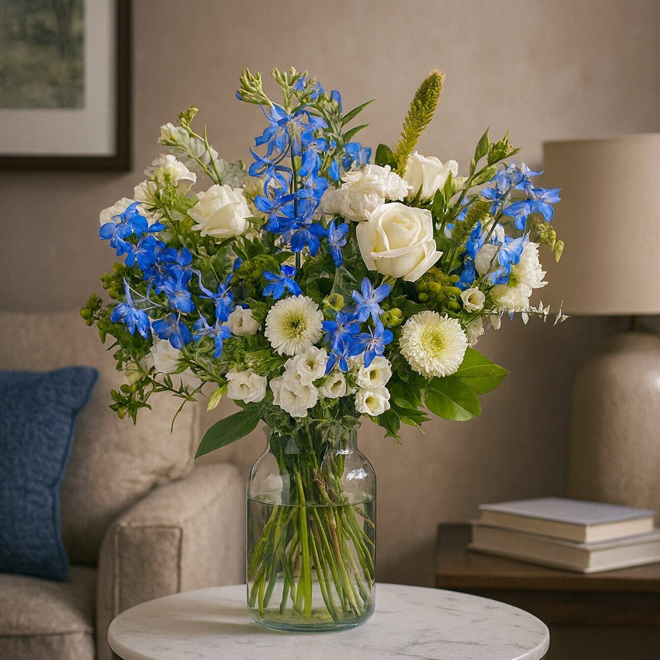 flower arrangement, blue flowers, white roses, glass vase, fresh cut flowers, flower, bouquet, blue white, glass vase, floral arrangement, flower arrangement, blue and white flowers, glass vase, interior decor, bouquet