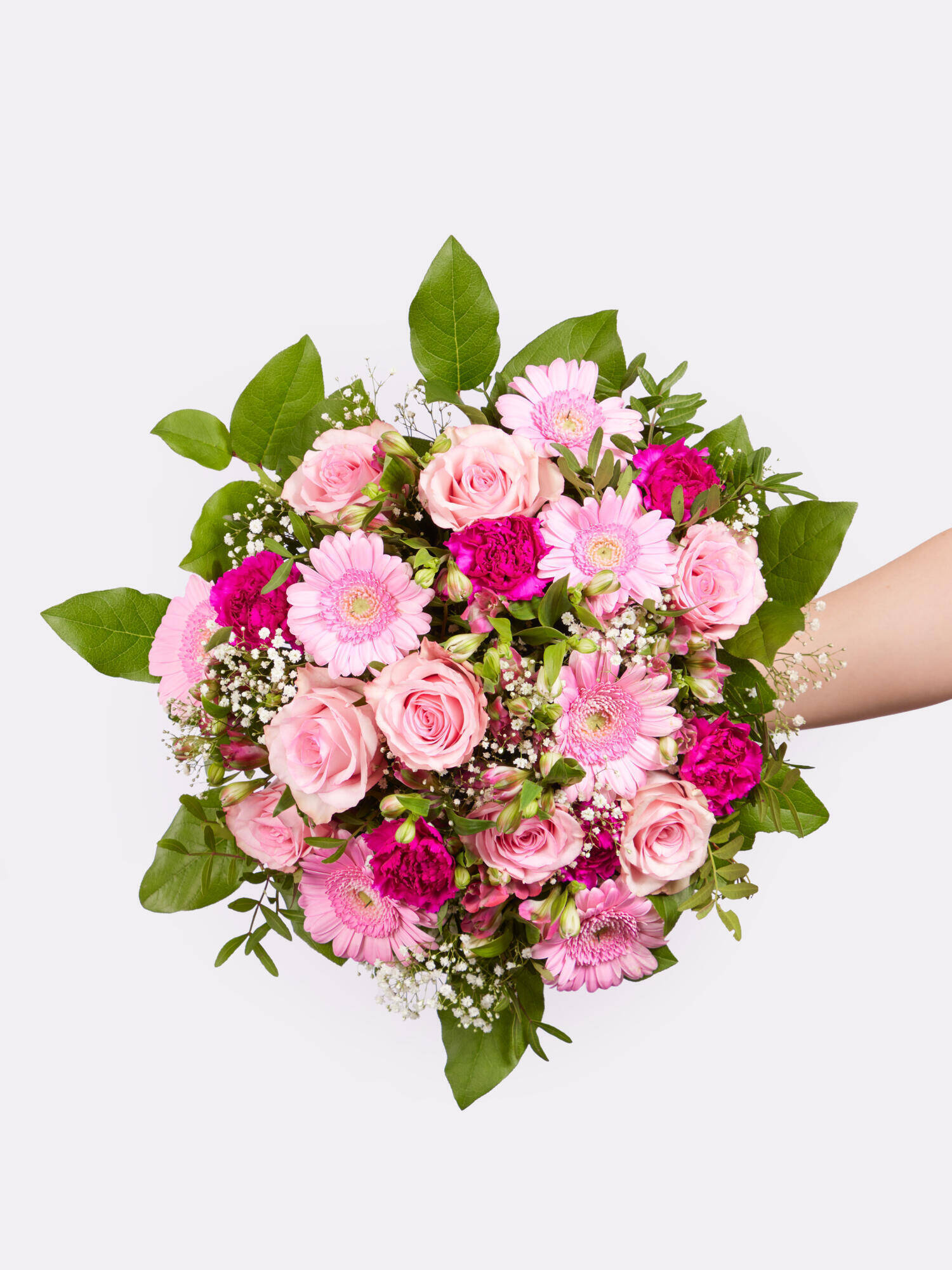 Blumenstrauß, rosa Blumen, Rosen, Gerbera, Grünpflanzen