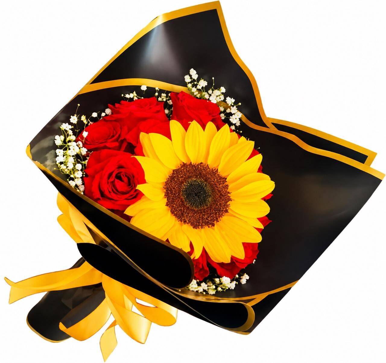 Blumenstrauß, Sonnenblume, rote Rosen, Baby-Breisig, Verpackung, blumenstrauß, sonnenblume, rote rose, babybauspflanze?, hülle
