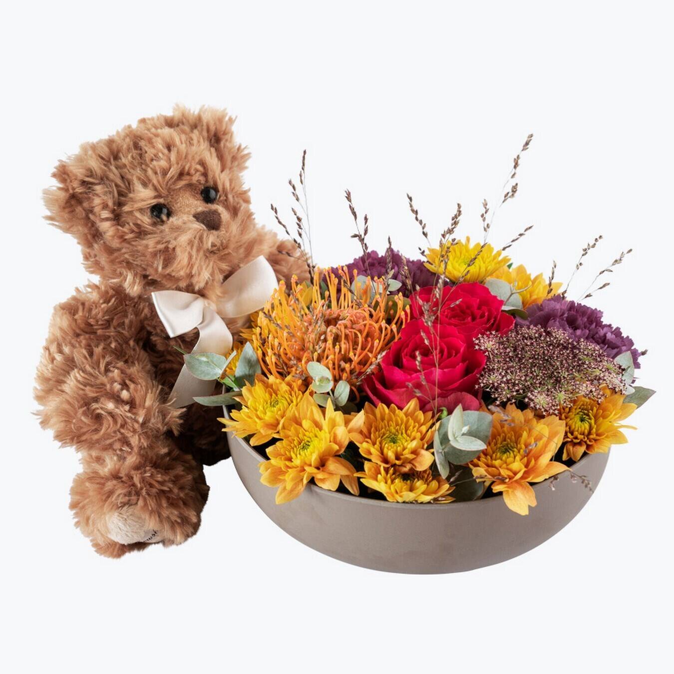 Blume, Blumen-Arrangement, Blumenstrauß, Pflanze, Rose, Teddybär, Blumenarrangement, Blumenstrauß, gelbe Blumen, brauner Teddybär, teddybär, Blumenstrauß, Blumenarrangement, gelbe Blumen, rote Rosen