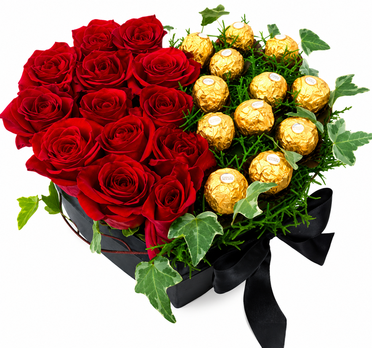 rote Rosen, Blumenstrauß, Schokolade, Geschenkbox, schwarzes Band, rose, Blumenstrauß, rote Rosen, Schokolade, Geschenkset