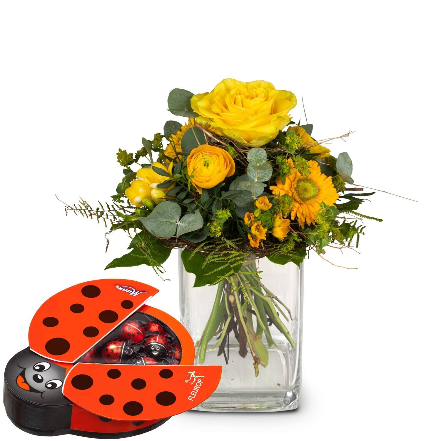 Blumenstrauß, gelbe Blumen, Grünzeug, Glasvase, Geschenkset