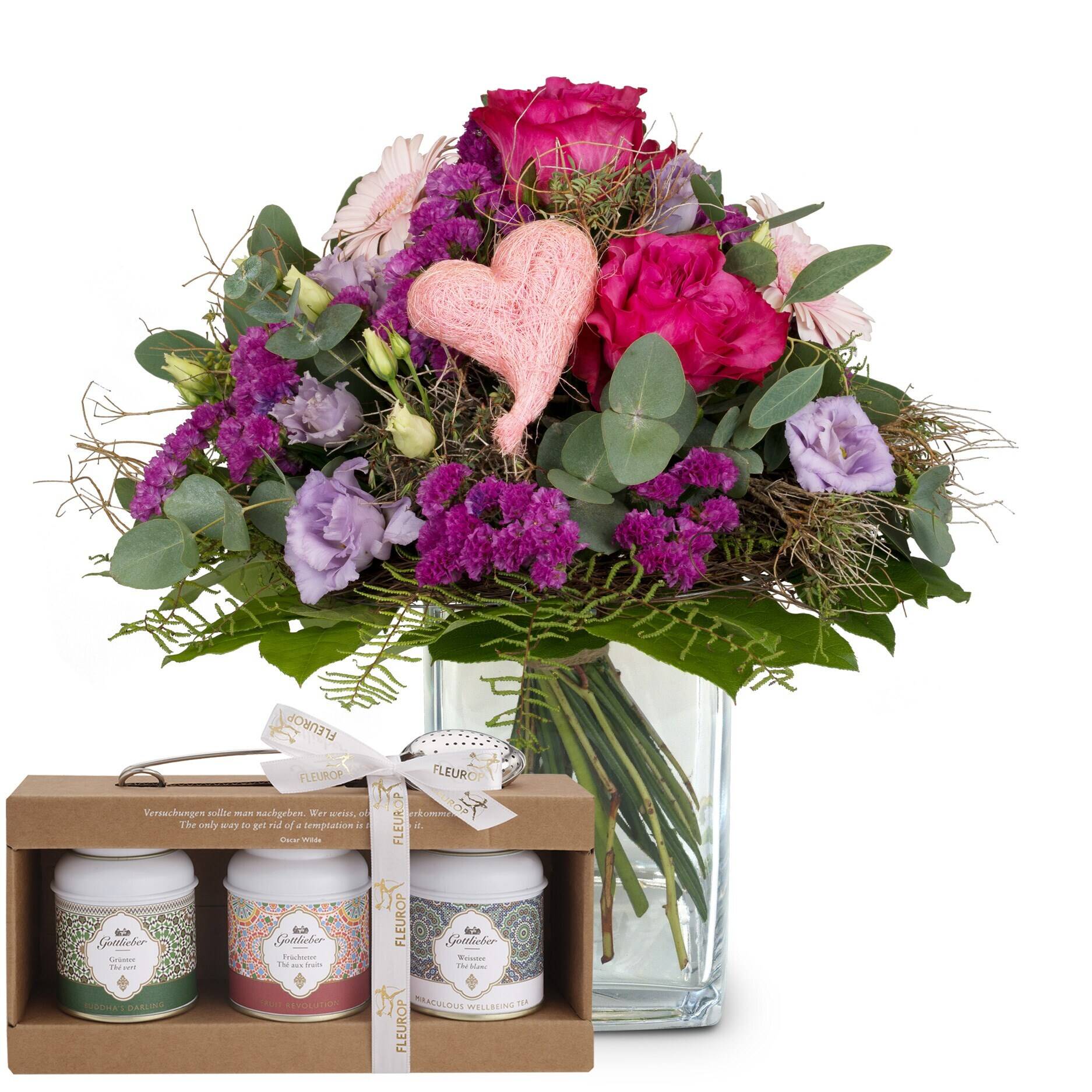 Blumenstrauß, rosa Rosen, lila Blüten, Grünpflanzen, Geschenkset, Blumenstrauß, pinkfarbene Blüte, lila Blumen, Grünes Laub, Geschenkebox, Blumen, Bouquet, Pink, Lila, Geschenkset