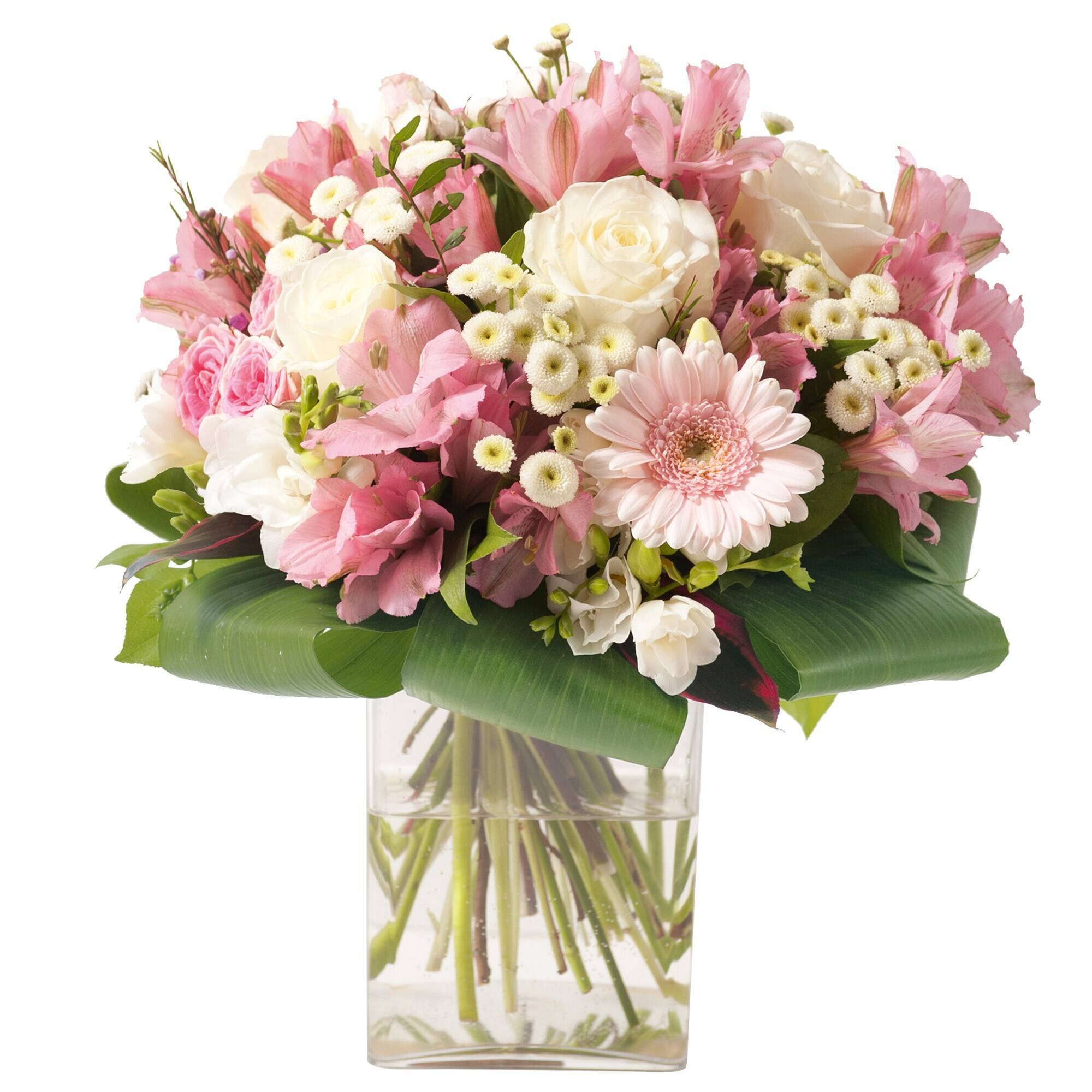 Blumenstrauß, Blumen, Rosa, Weiß, Glassvase, Blumenstrauß, pink/weiß Blumen, Gladiolen, Gerbera, grüne Blätter, blumenbouquet, rosa-weißer, glasvasen, rosen, gerbera