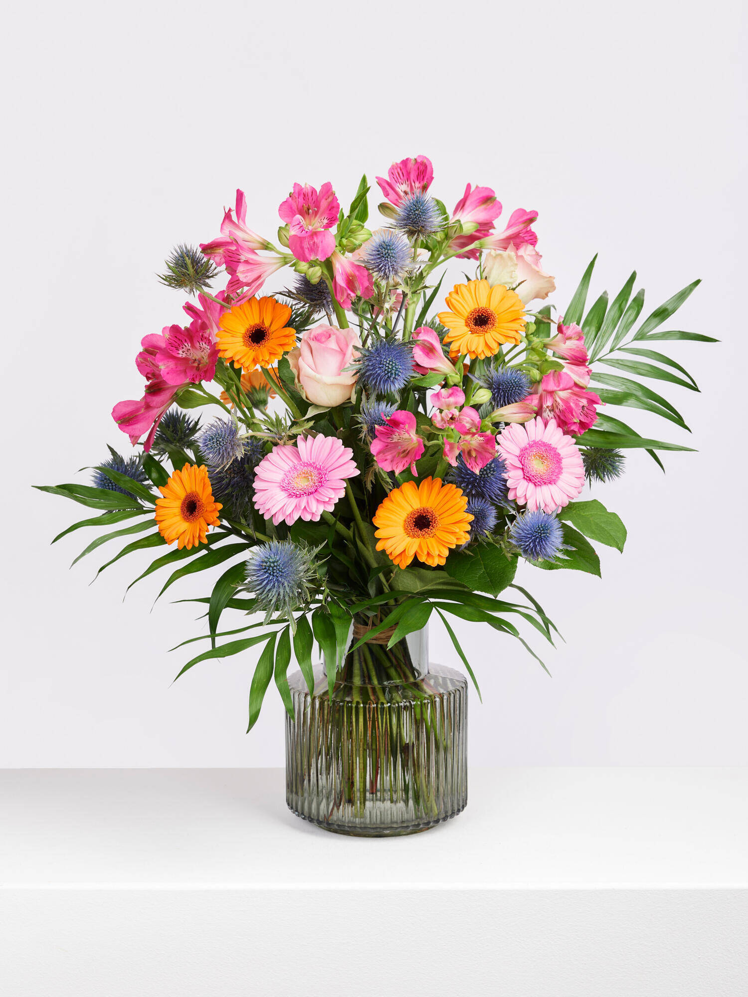 A Flowery Hug - Main Colors: BLUE, ORANGE, PINK, ROSE - Main Flowers: ALSTROEMERIA, GERBERA, ROSES